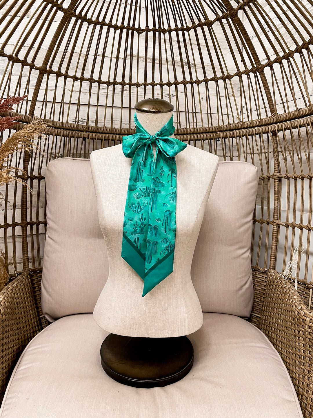 Wyoming Traders | Southwest Cactus Print Silk Twilly Scarf in Teal Blue