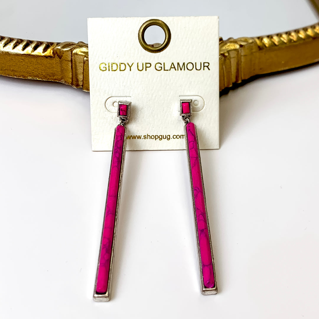 Silver Tone Faux Stone Thin Bar Dangle Earrings in Fuchsia Pink - Giddy Up Glamour Boutique