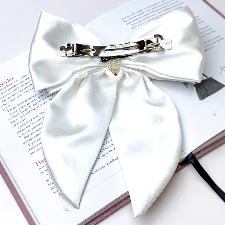 Miss Me Layered Bow with Pearl Center in White - Giddy Up Glamour Boutique