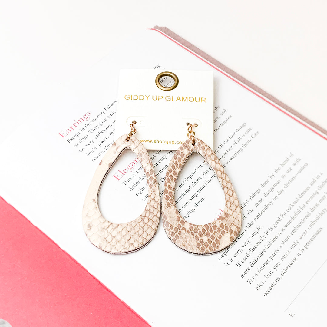 Faux Ivory Snakeskin Teardrop Earrings - Giddy Up Glamour Boutique