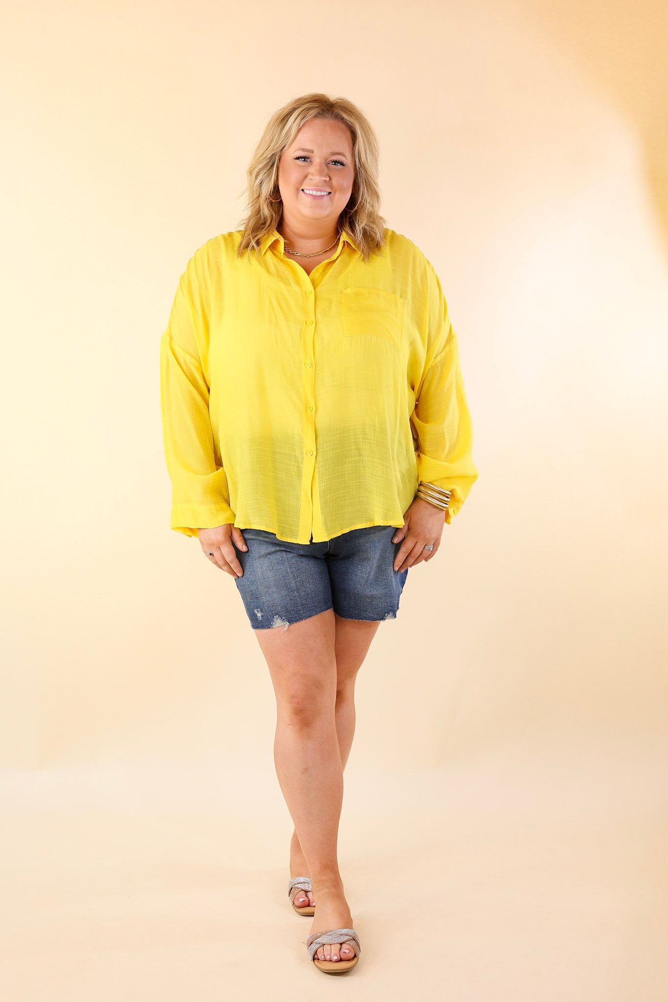 Look on the Bright Side Button Up Long Sleeve in Lemon Yellow - Giddy Up Glamour Boutique