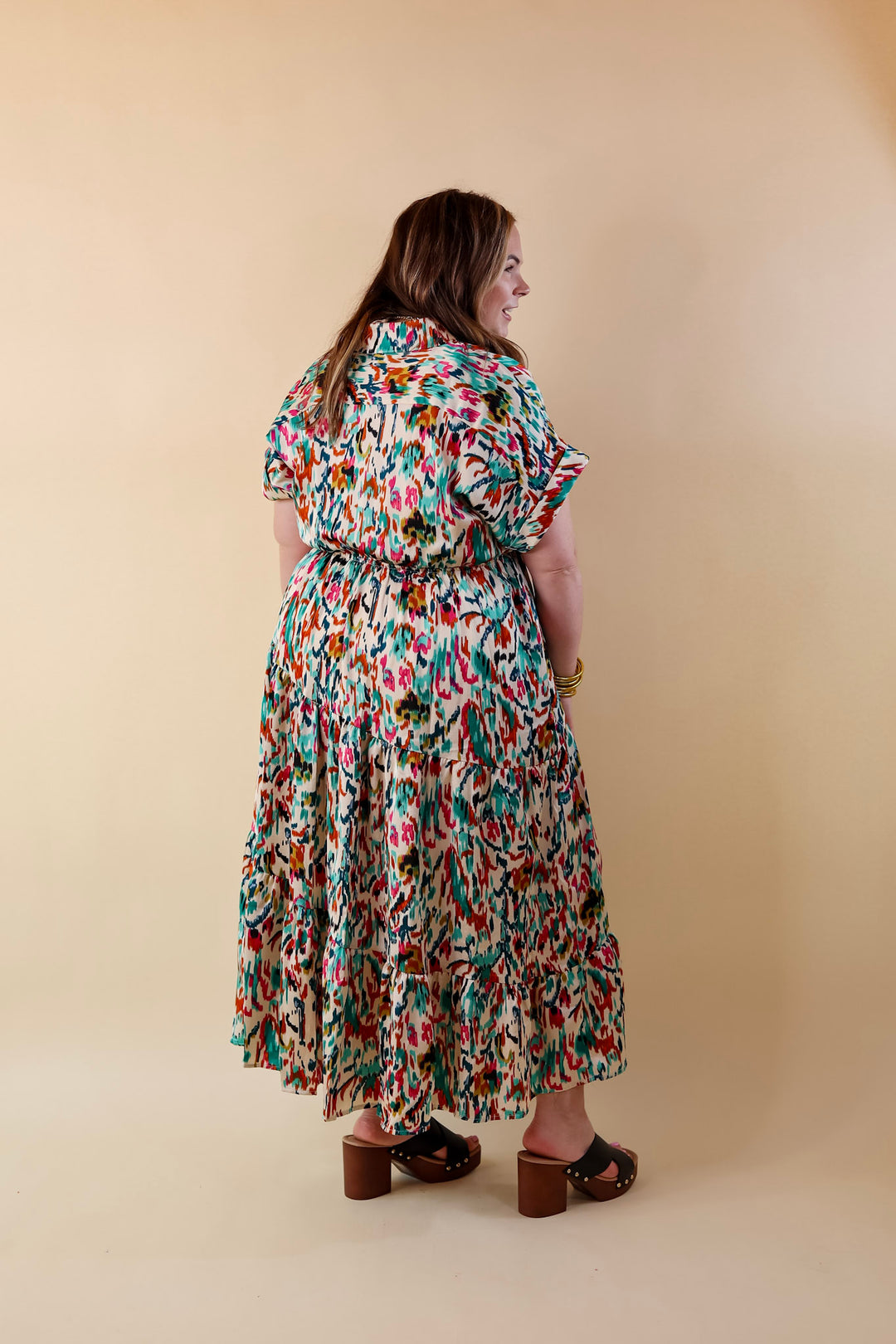 Burnin' Up Multicolor Abstract Print Midi Dress in Ivory - Giddy Up Glamour Boutique