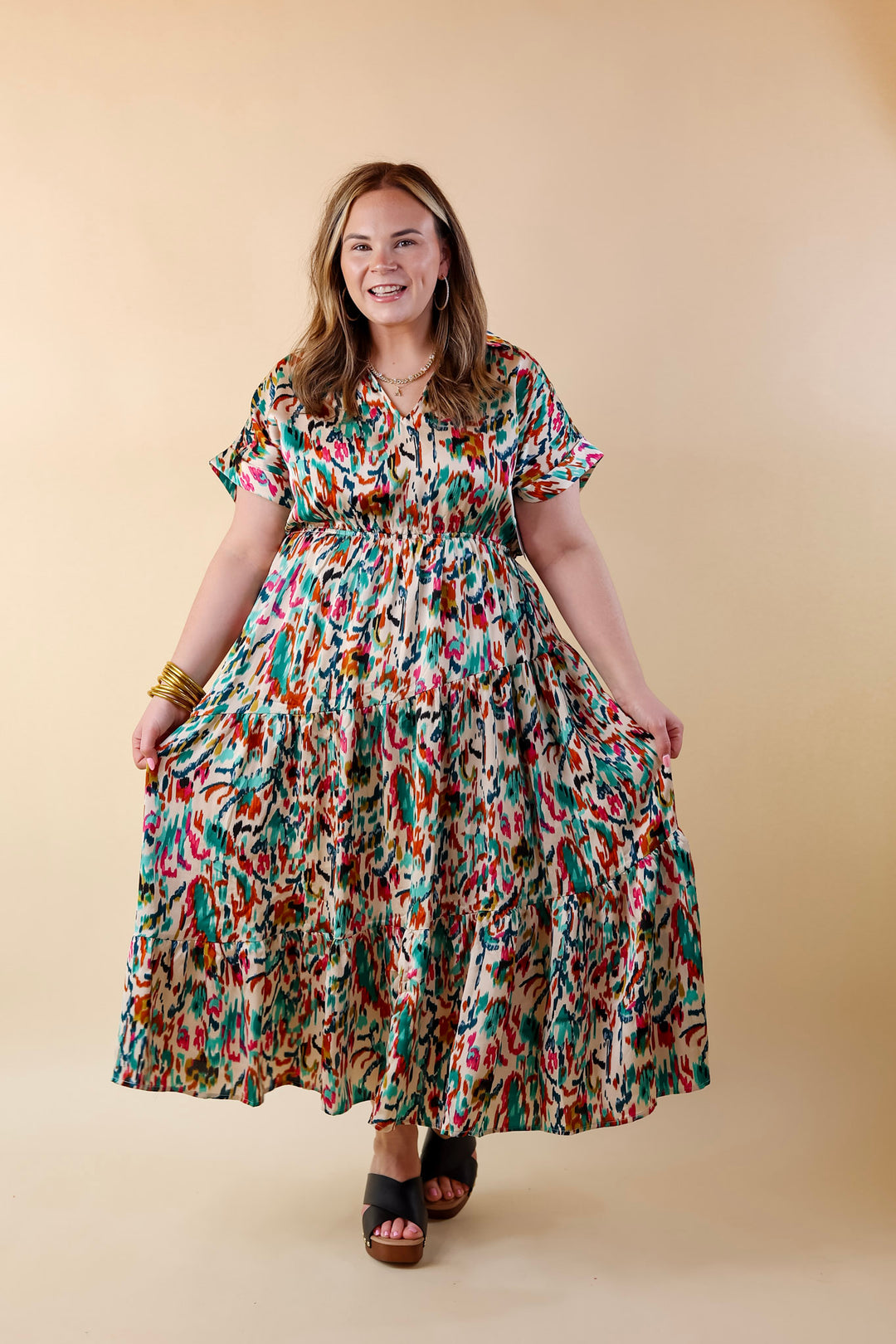 Burnin' Up Multicolor Abstract Print Midi Dress in Ivory - Giddy Up Glamour Boutique