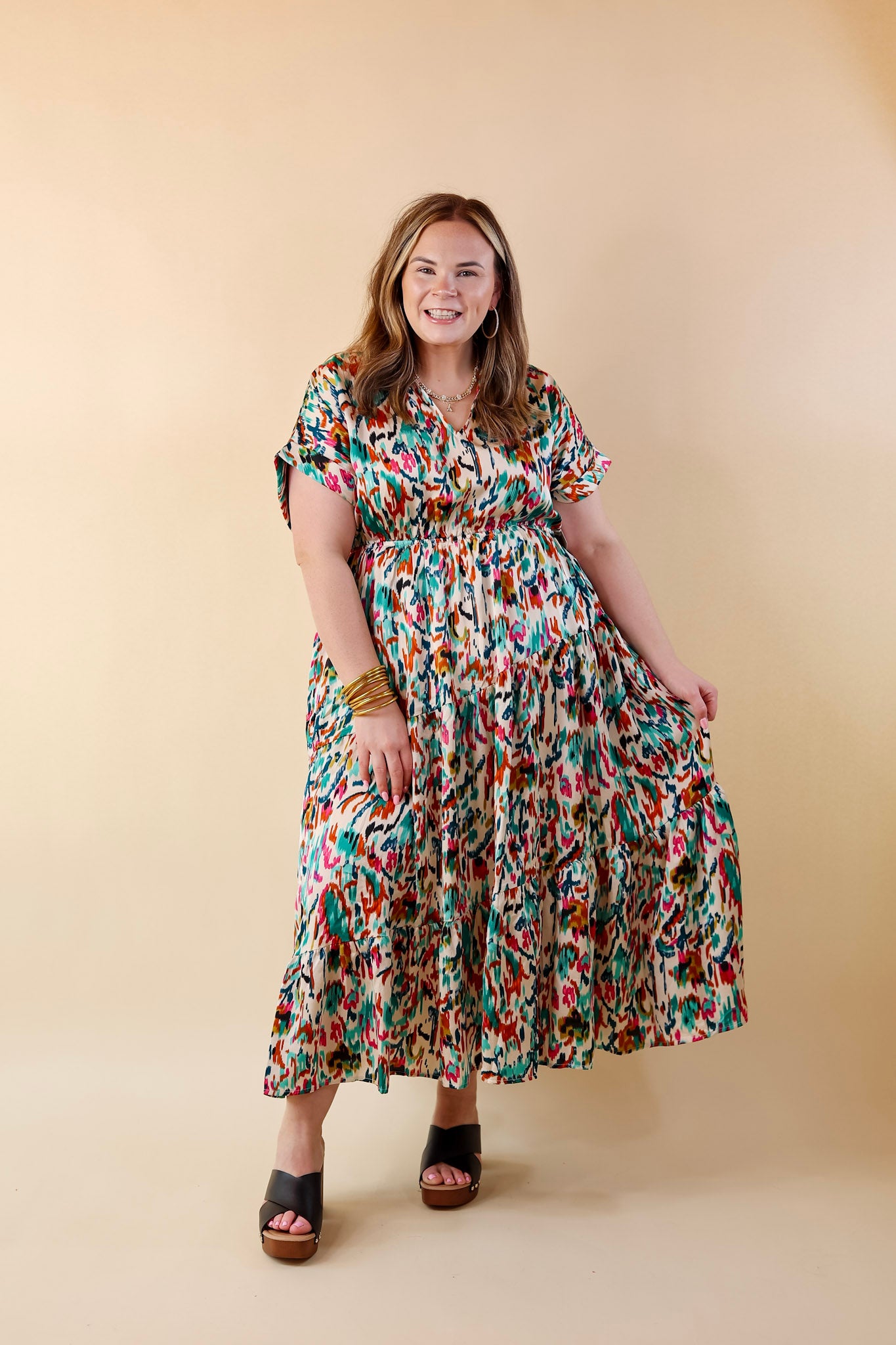 Burnin' Up Multicolor Abstract Print Midi Dress in Ivory - Giddy Up Glamour Boutique