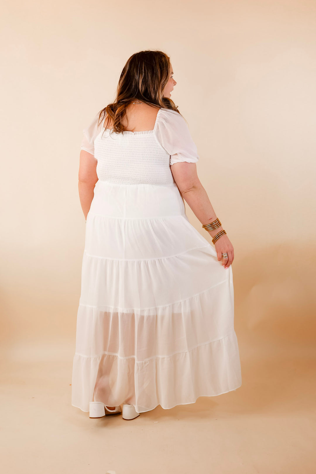 Honeysuckle Love Tiered Maxi Dress with Smocked Bodice in Ivory - Giddy Up Glamour Boutique