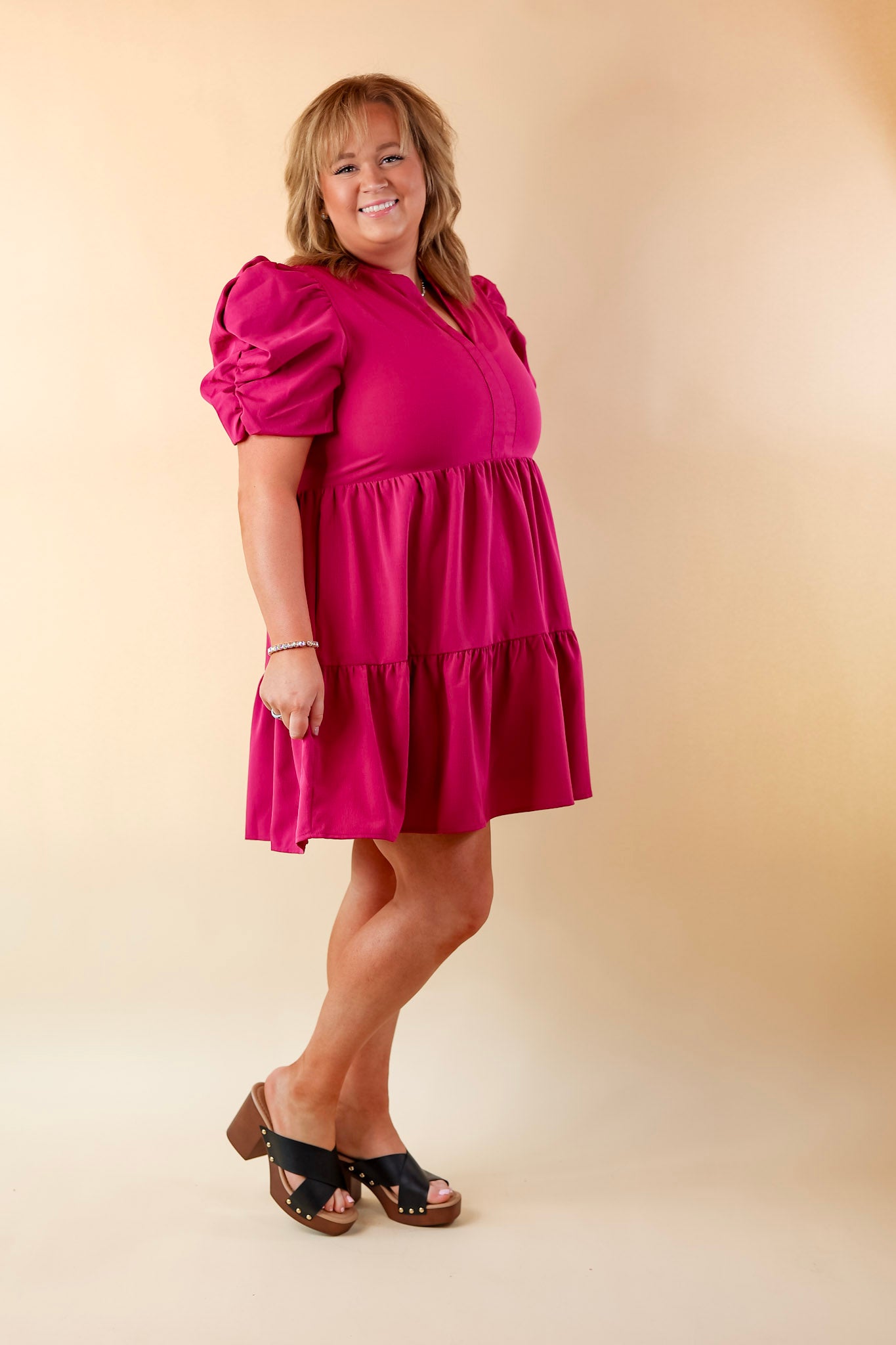 Call Me Chic Balloon Sleeve Short Dress in Magenta Purple - Giddy Up Glamour Boutique