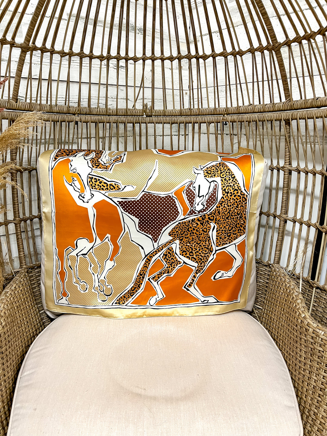 Rodeo Run Western Horse and Leopard Print Silk Feel Square Scarf in Tan