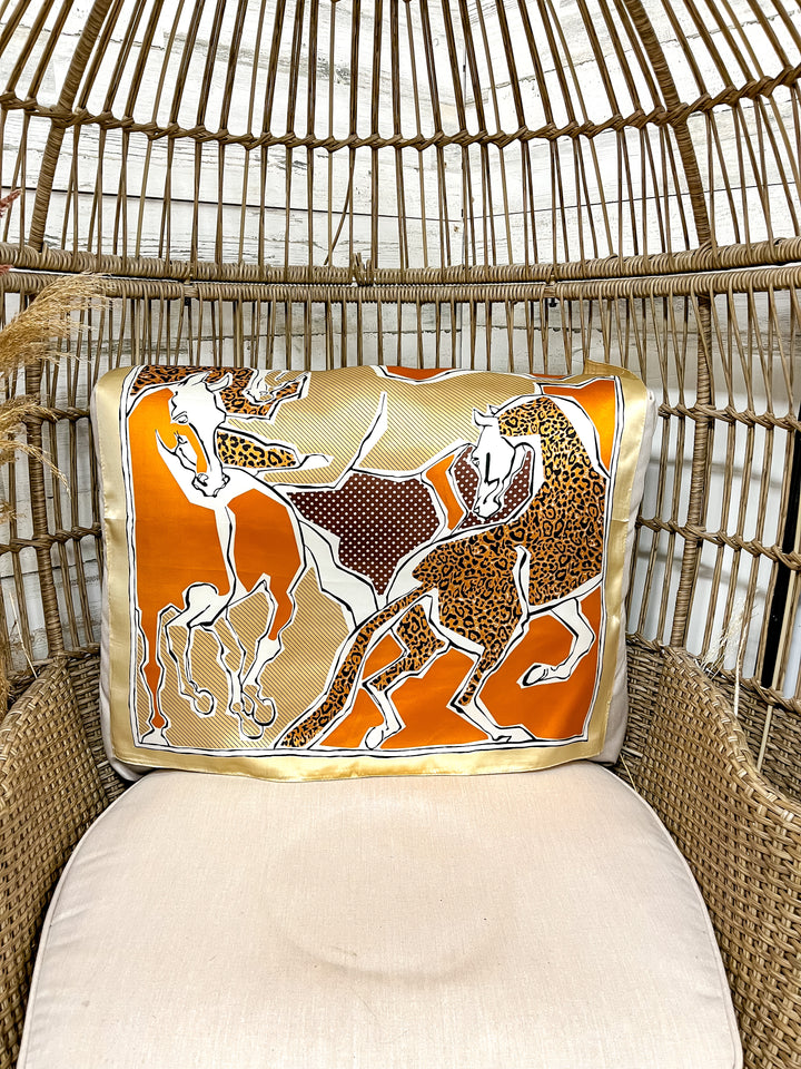 Rodeo Run Western Horse and Leopard Print Silk Feel Square Scarf in Tan