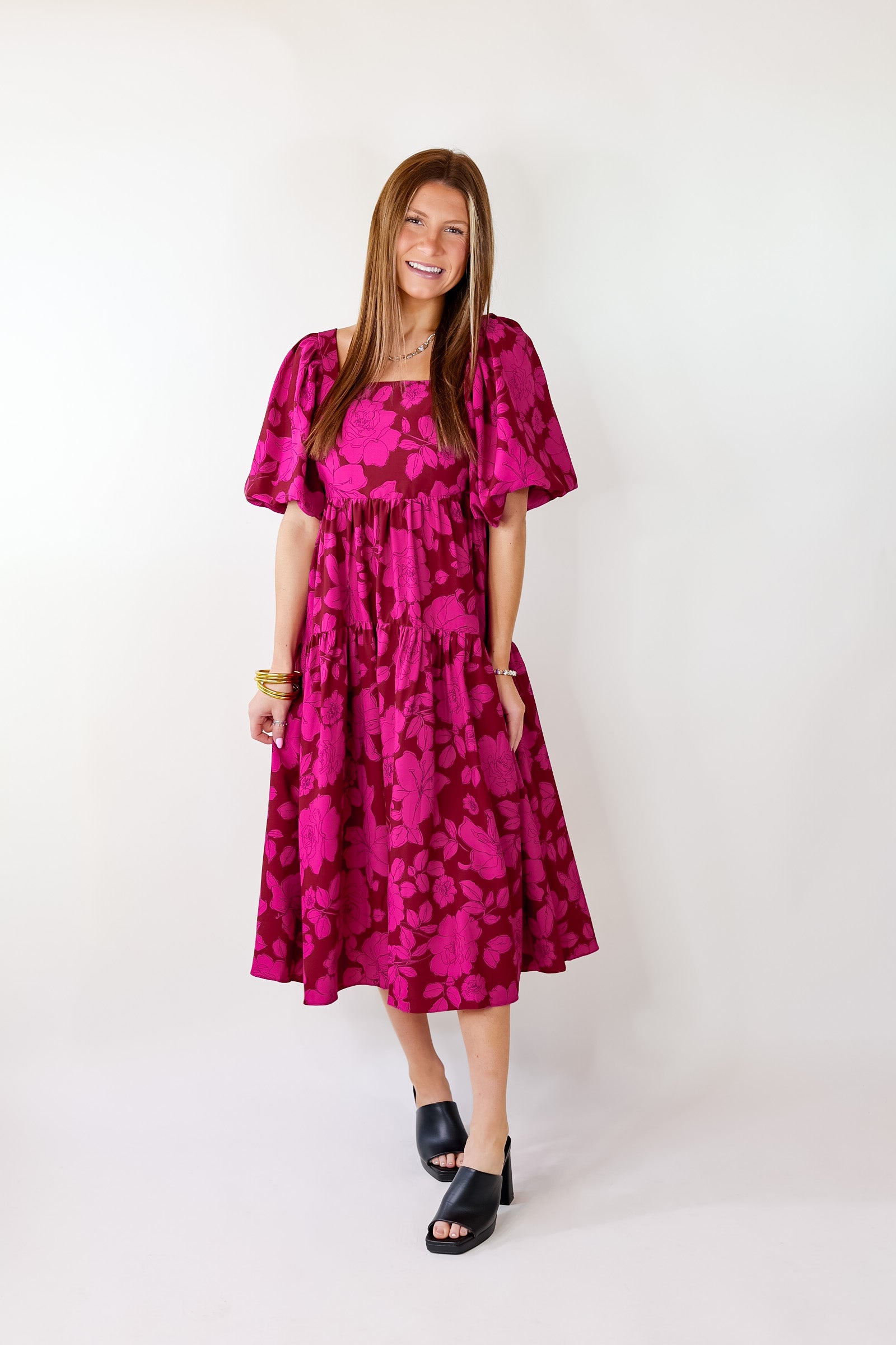 Floral Fascination Tiered Midi Dress In Brick Red and Pink - Giddy Up Glamour Boutique