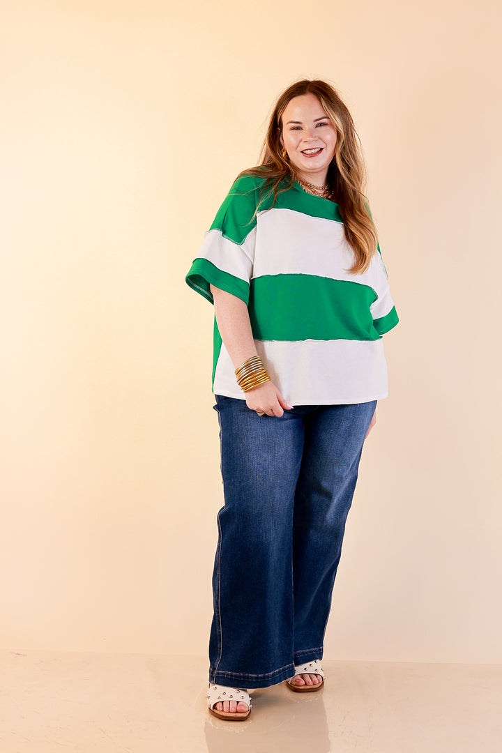 Simply Striking Color Block Rugby Style Wide Stripe Relaxed Short Sleeve Top in Kelly Green