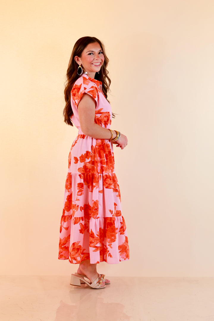 Petals at Play Ric Rac Trim Flutter Sleeve Tiered Midi Dress with Floral Print in Pink and Orange