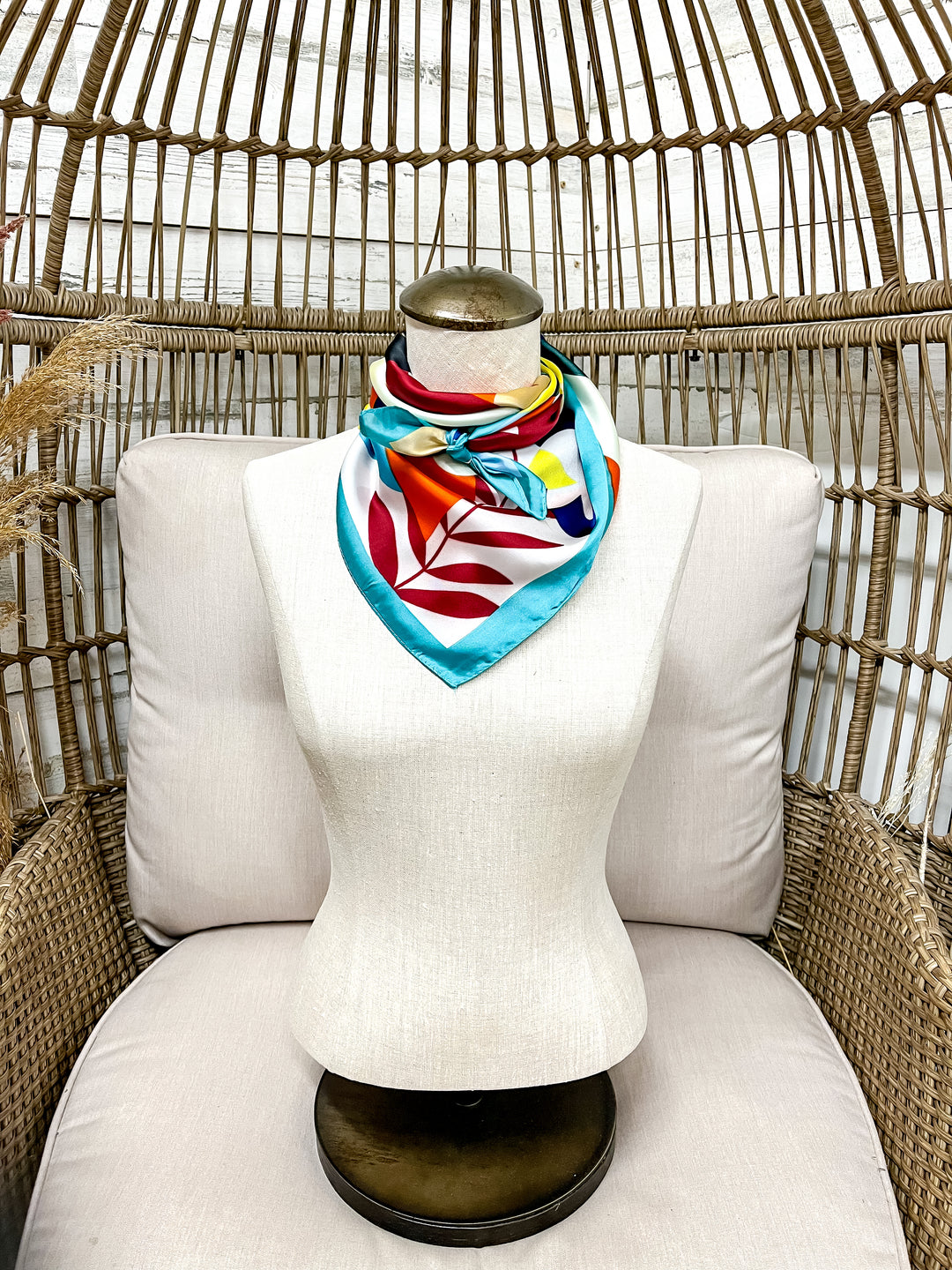 Retro Bloom Bold Multicolor Floral Square Scarf with Aqua Trim in Multicolor