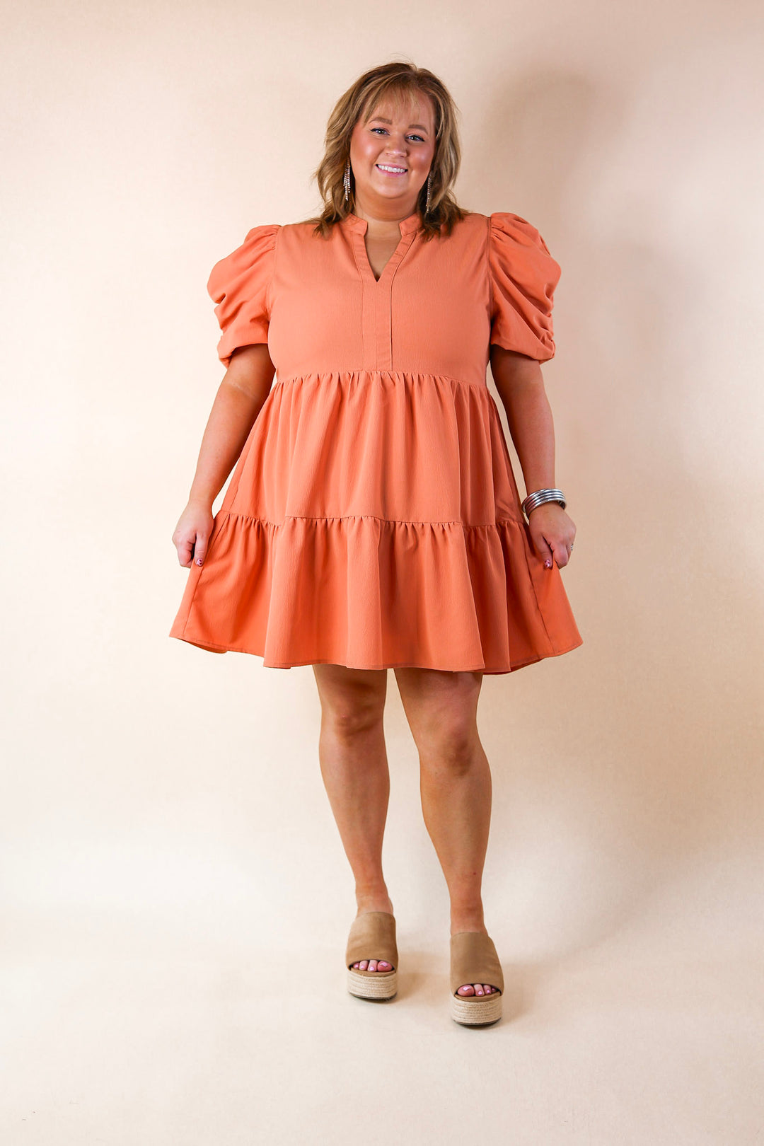 Call Me Chic Balloon Sleeve Short Dress in Salmon Orange - Giddy Up Glamour Boutique