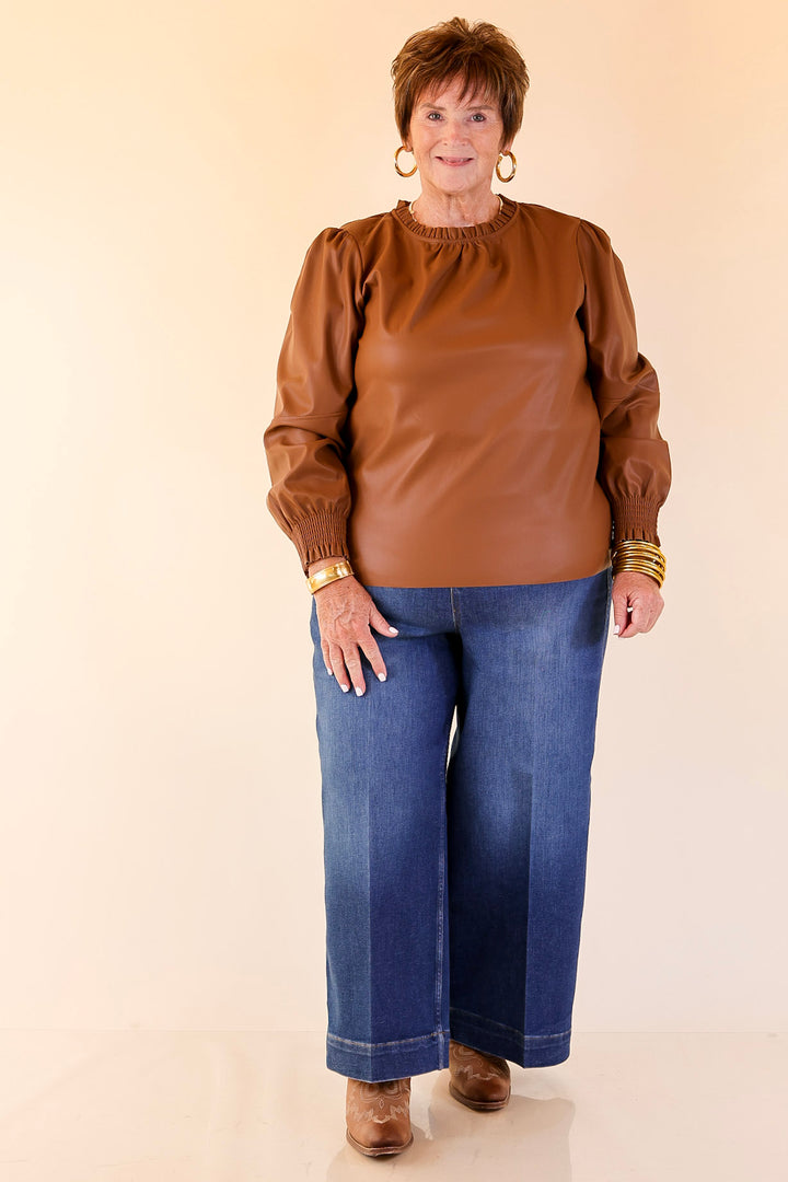 Mud Pie | Putnam Faux Leather Long Sleeve Top with Smocked Cuffs in Tan Brown
