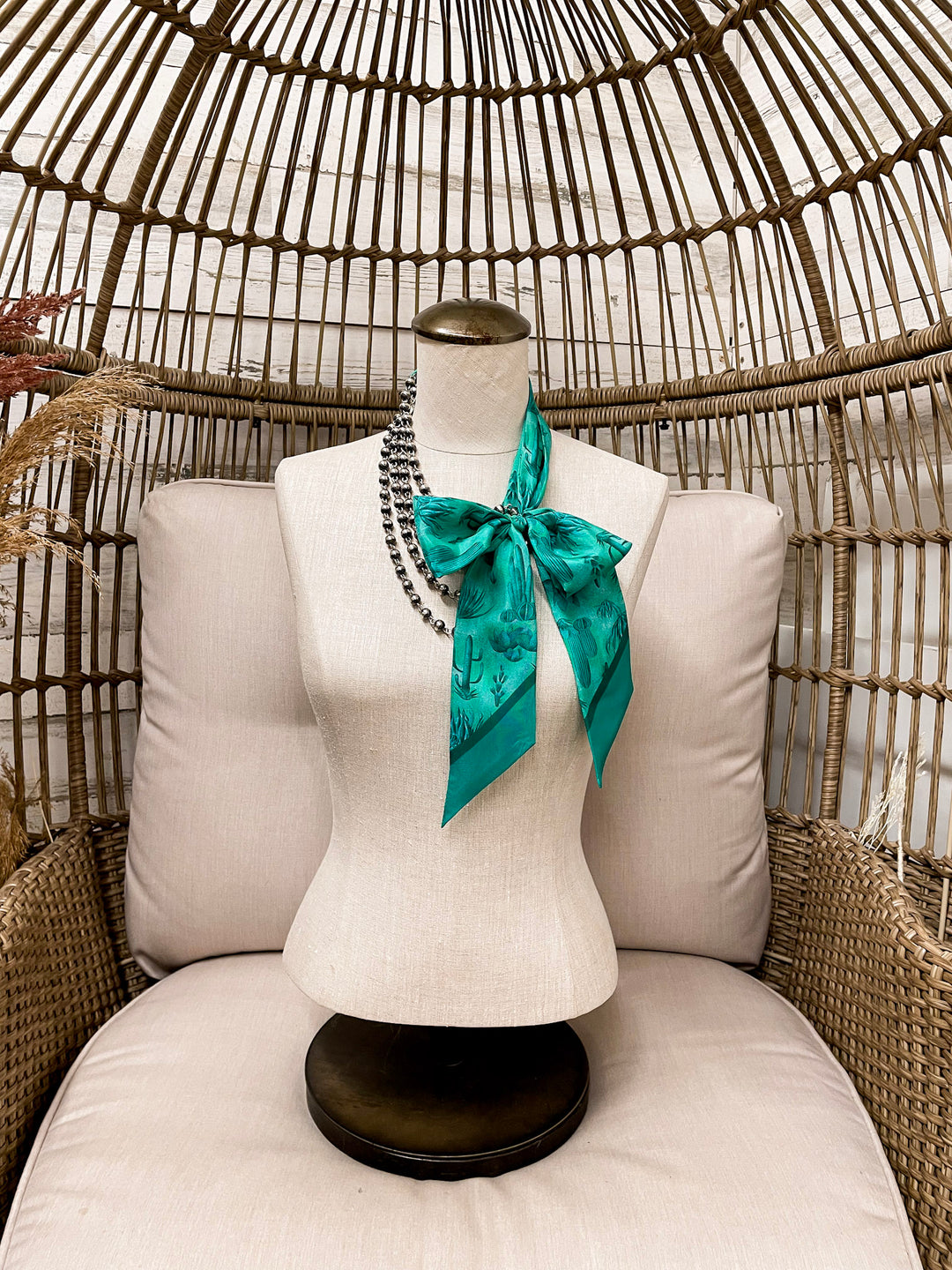 Wyoming Traders | Southwest Cactus Print Silk Twilly Scarf in Teal Blue