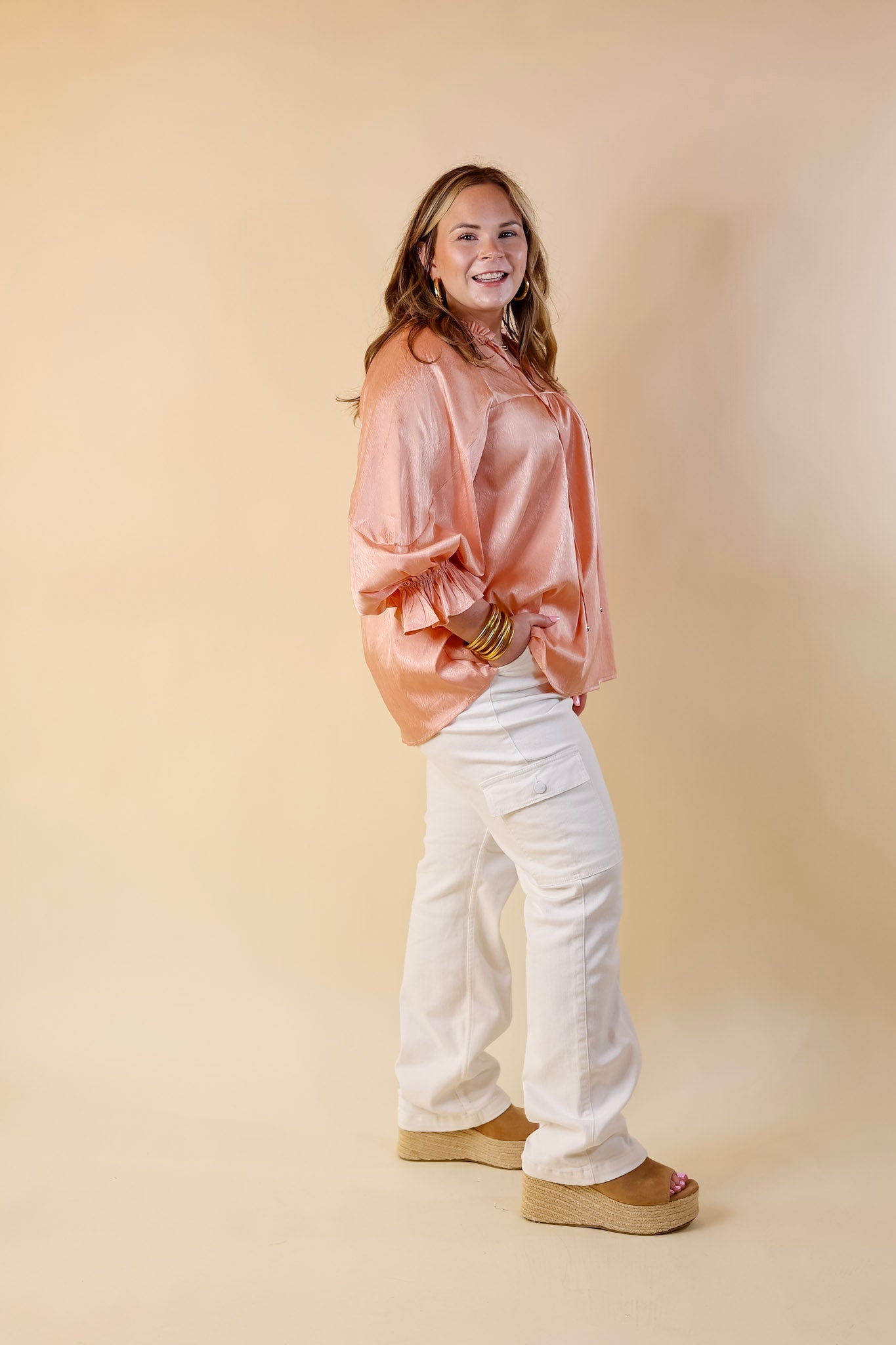 Sunset Situation Front Tie Keyhole Blouse in Peach Orange - Giddy Up Glamour Boutique