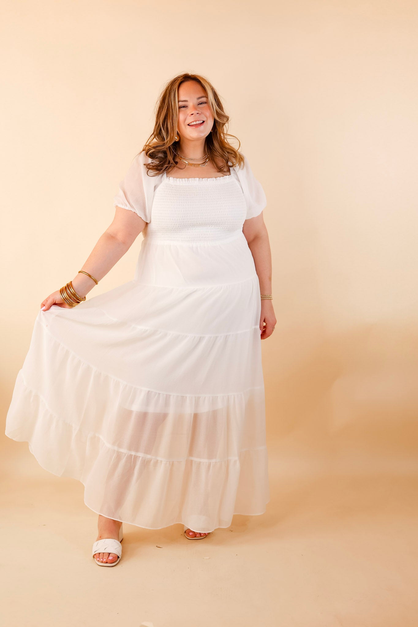 Honeysuckle Love Tiered Maxi Dress with Smocked Bodice in Ivory - Giddy Up Glamour Boutique