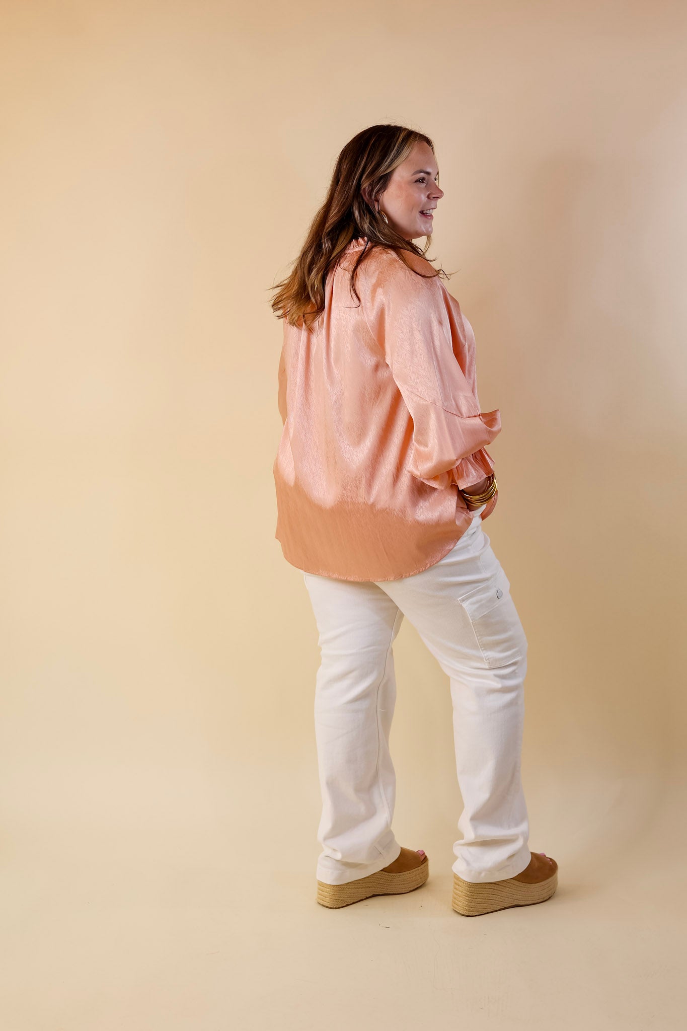 Sunset Situation Front Tie Keyhole Blouse in Peach Orange - Giddy Up Glamour Boutique