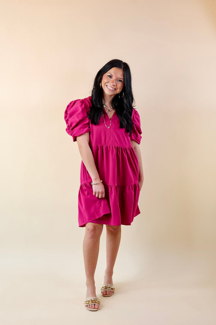 Call Me Chic Balloon Sleeve Short Dress in Magenta Purple - Giddy Up Glamour Boutique