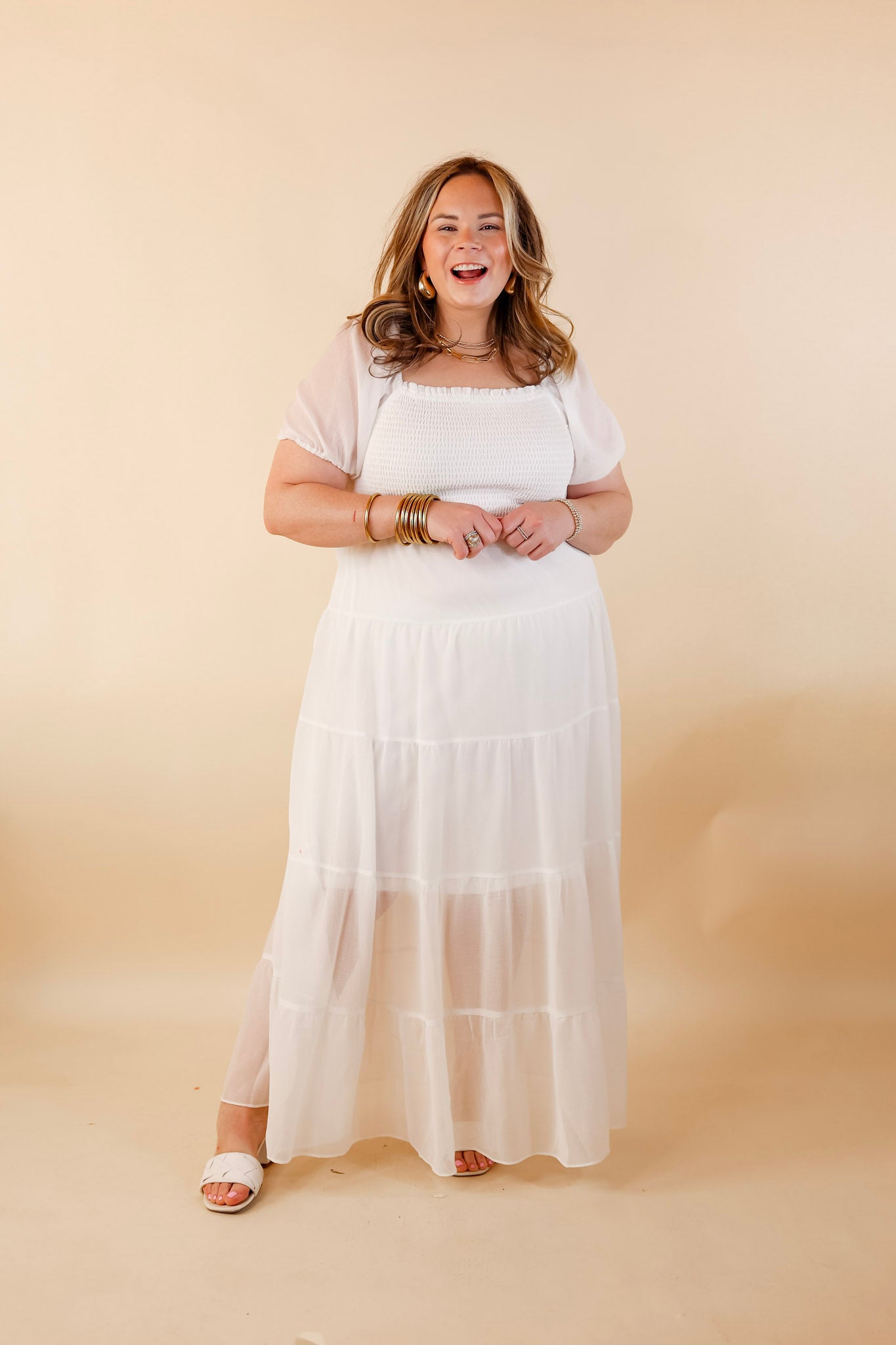 Honeysuckle Love Tiered Maxi Dress with Smocked Bodice in Ivory - Giddy Up Glamour Boutique