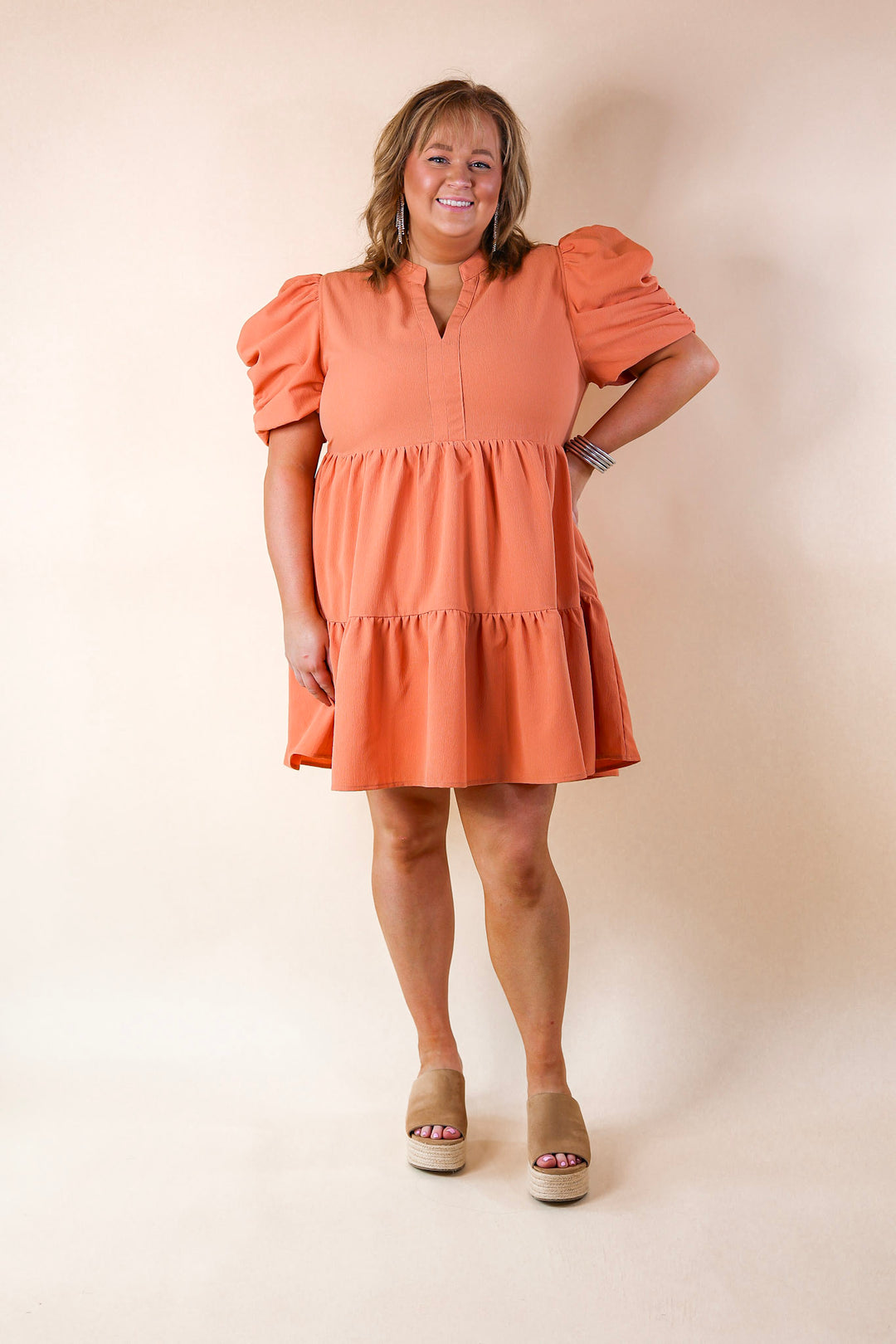 Call Me Chic Balloon Sleeve Short Dress in Salmon Orange - Giddy Up Glamour Boutique