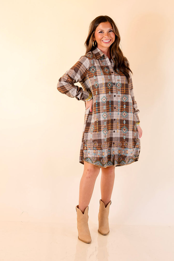 Loving In Layers Tribal Embroidered Plaid Button Up Dress in Brown Mix