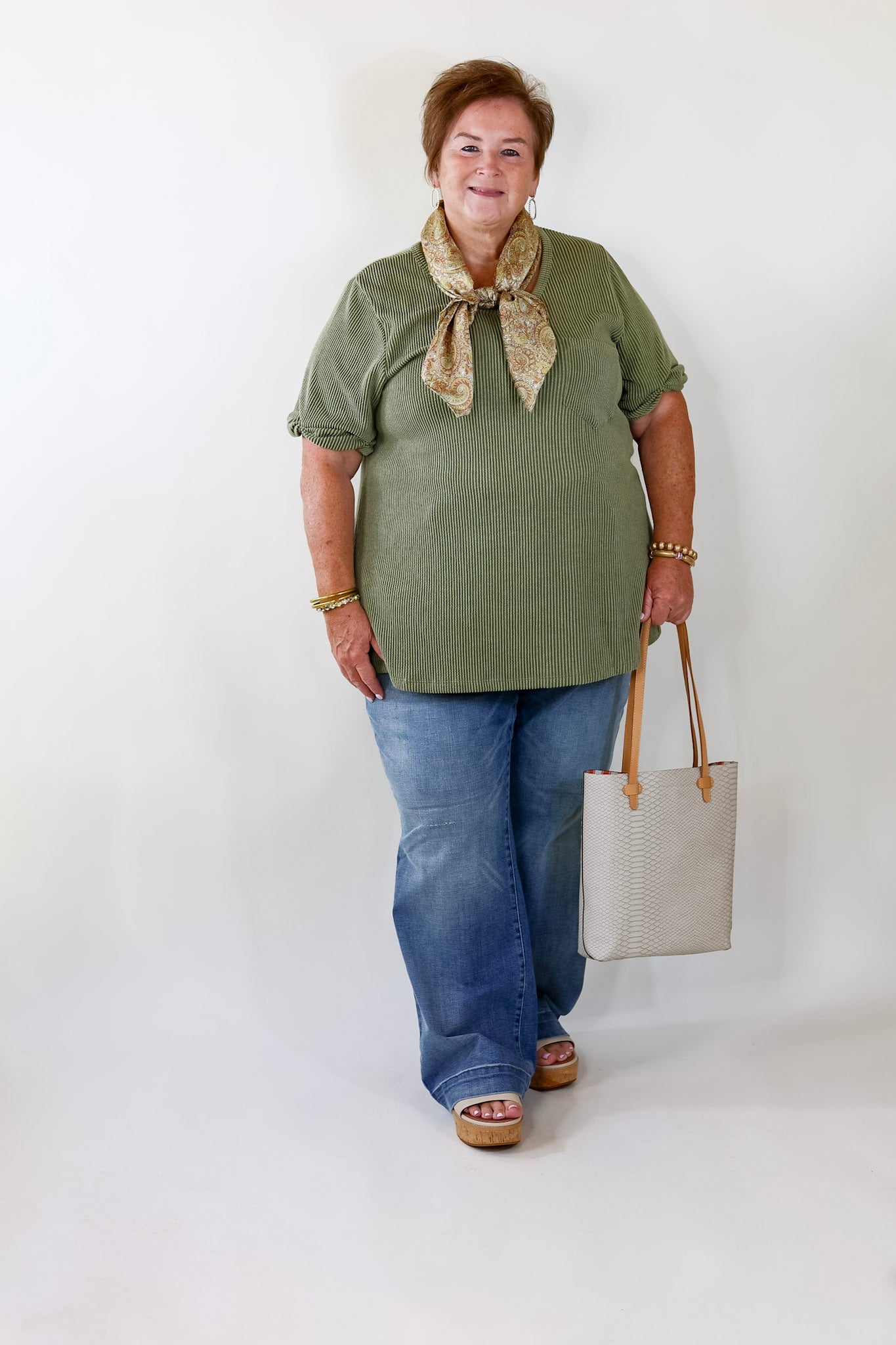 Only True Love Ribbed Short Sleeve Top with Front Pocket in Olive Green - Giddy Up Glamour Boutique