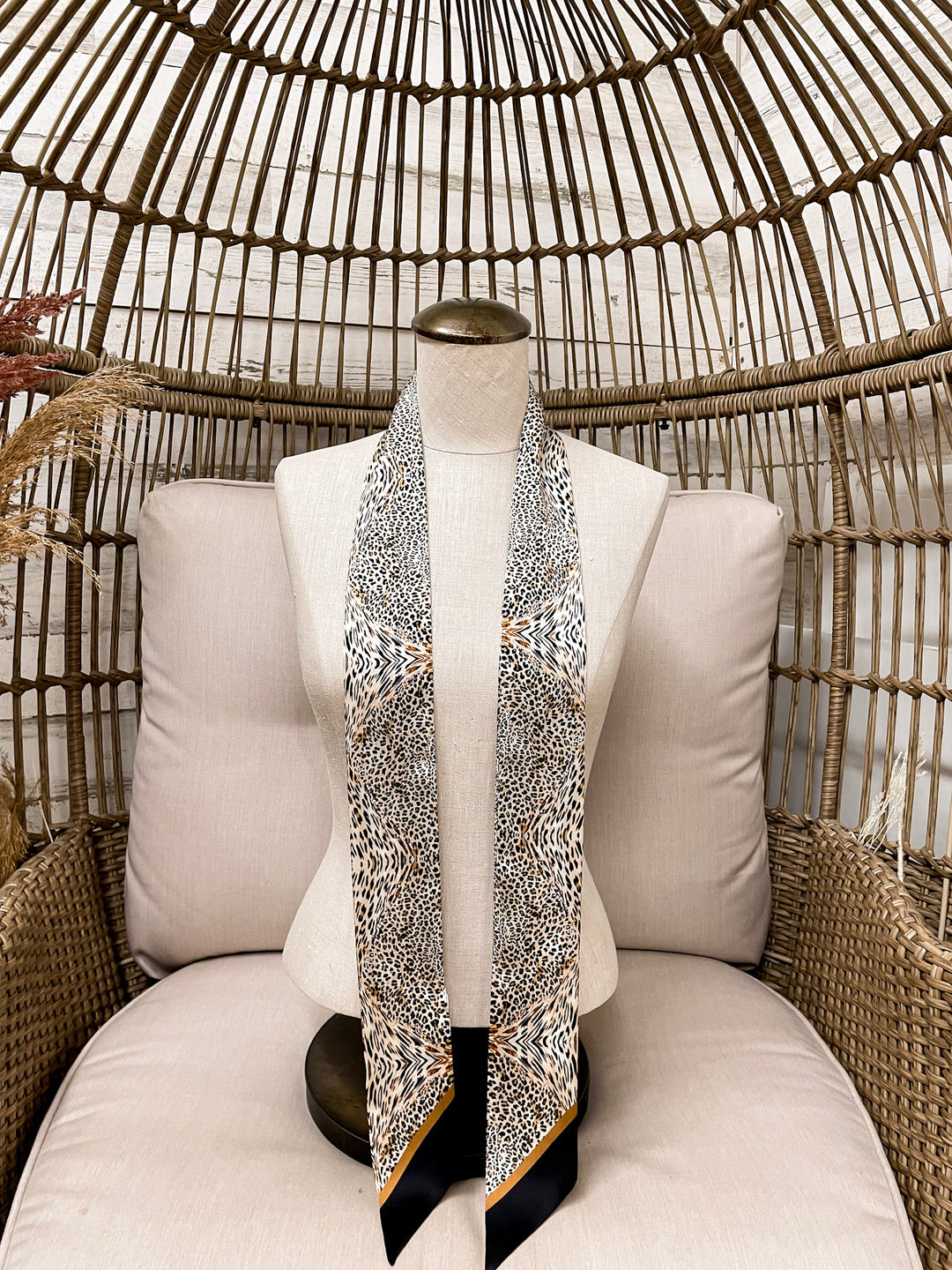 Wyoming Traders | Leopard Print Charmeuse Silk Twilly Scarf in Tan