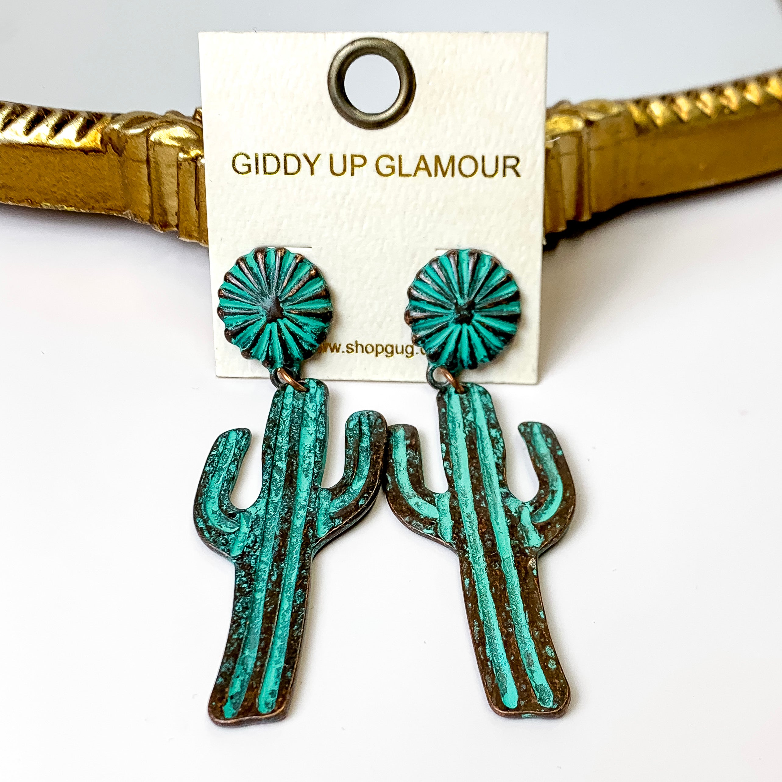 Country Cactus Patina Tone Earrings - Giddy Up Glamour Boutique