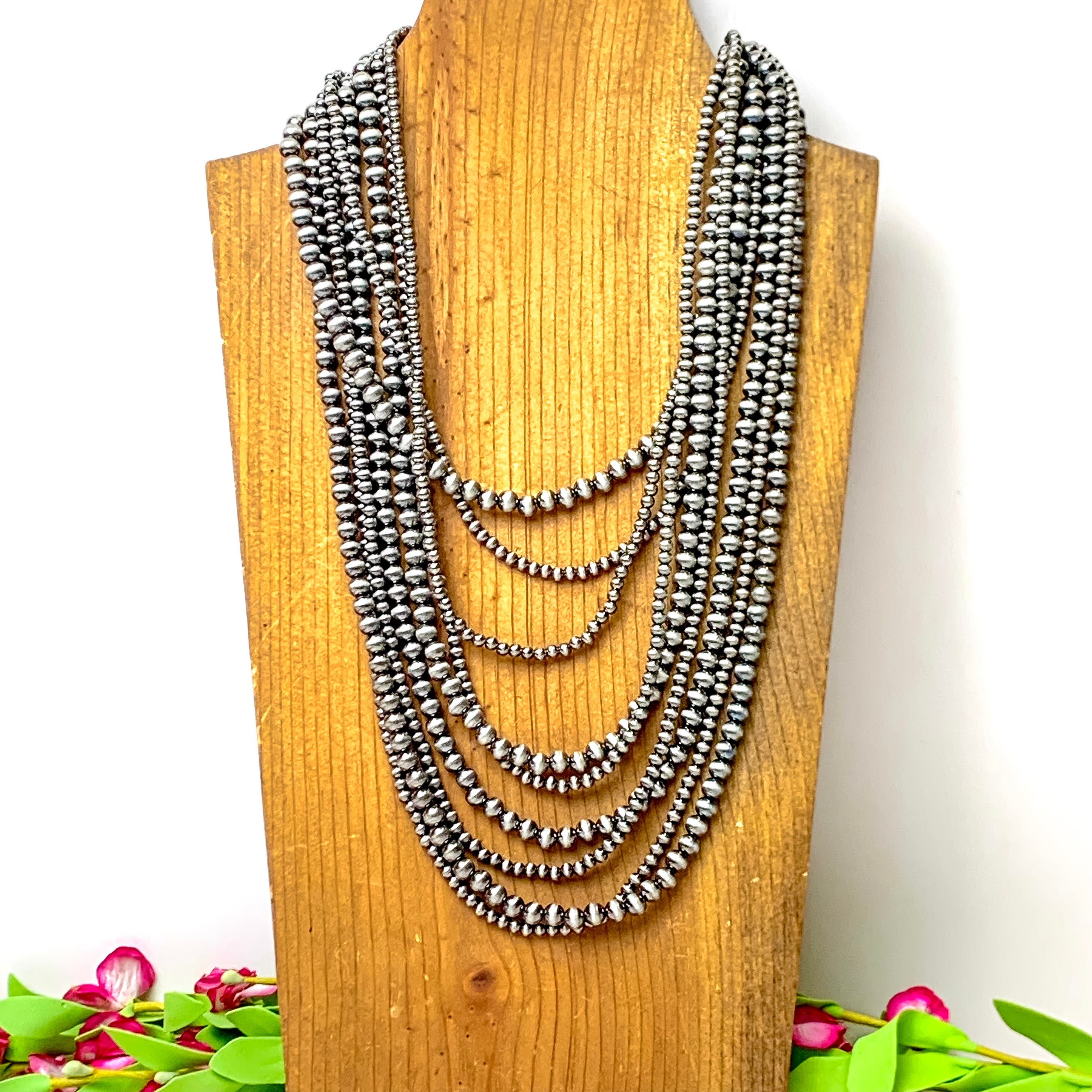 Nine Strand Faux Navajo Pearl Necklace in Silver Tone - Giddy Up Glamour Boutique