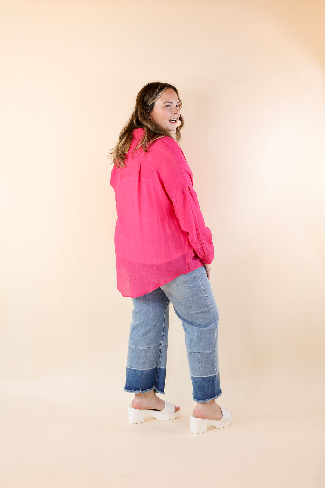 Look on the Bright Side Button Up Long Sleeve in Hot Pink - Giddy Up Glamour Boutique