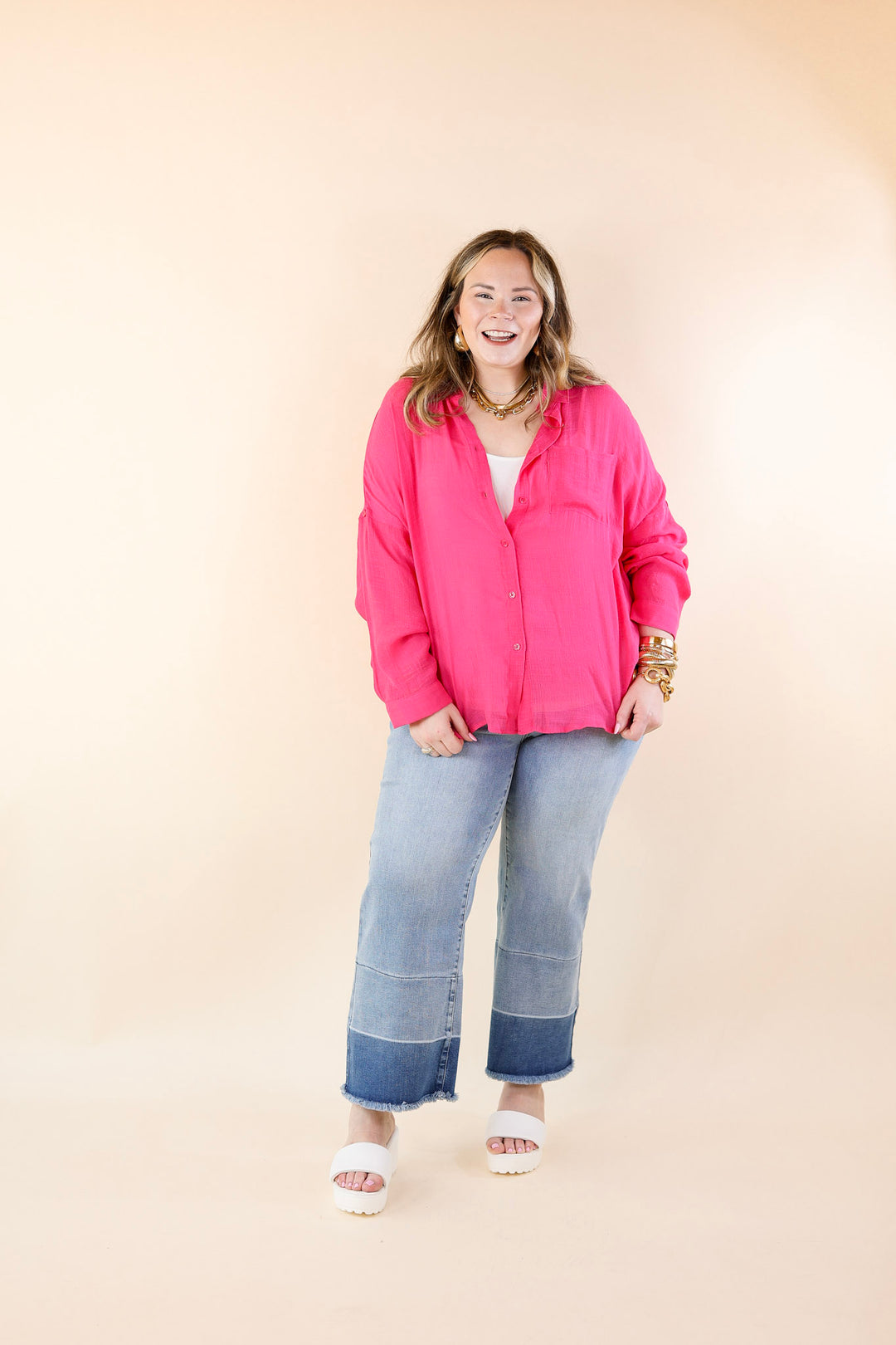 Look on the Bright Side Button Up Long Sleeve in Hot Pink - Giddy Up Glamour Boutique