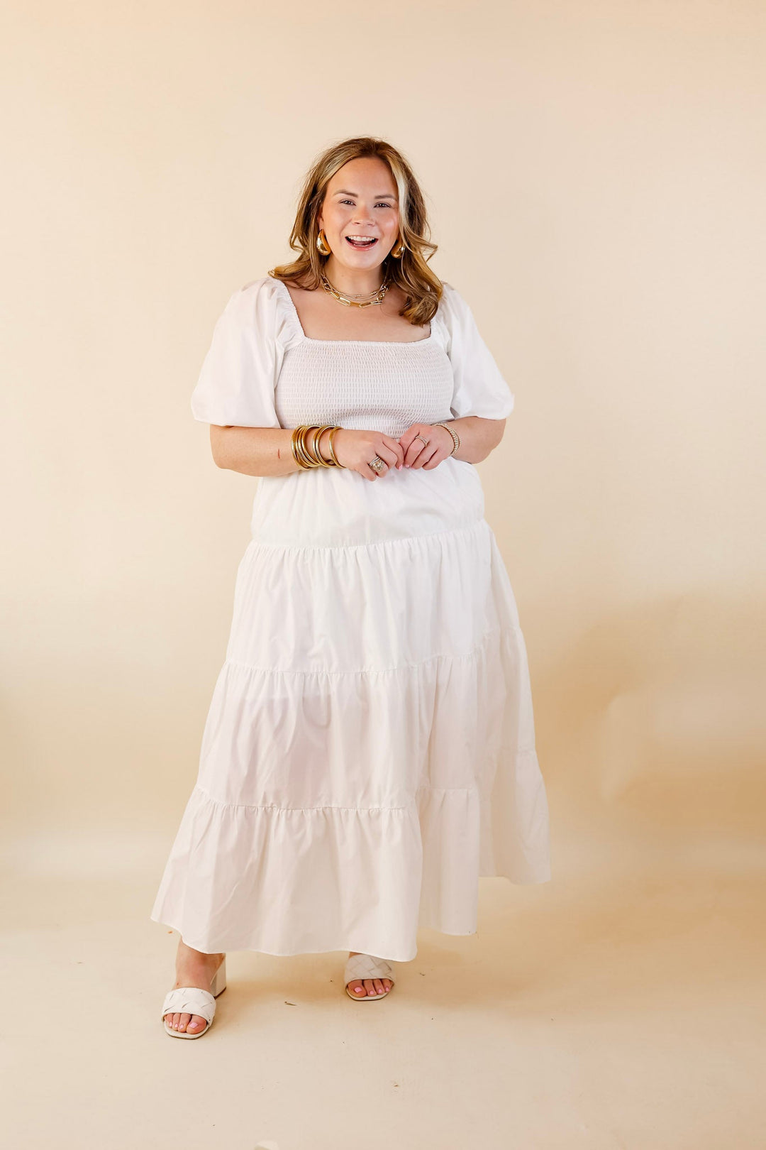 Santorini Sunshine Short Balloon Sleeve Maxi Dress in White - Giddy Up Glamour Boutique