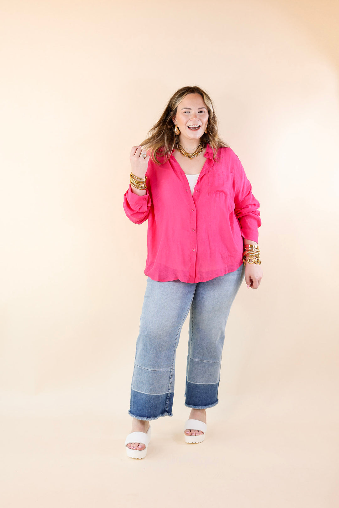 Look on the Bright Side Button Up Long Sleeve in Hot Pink - Giddy Up Glamour Boutique