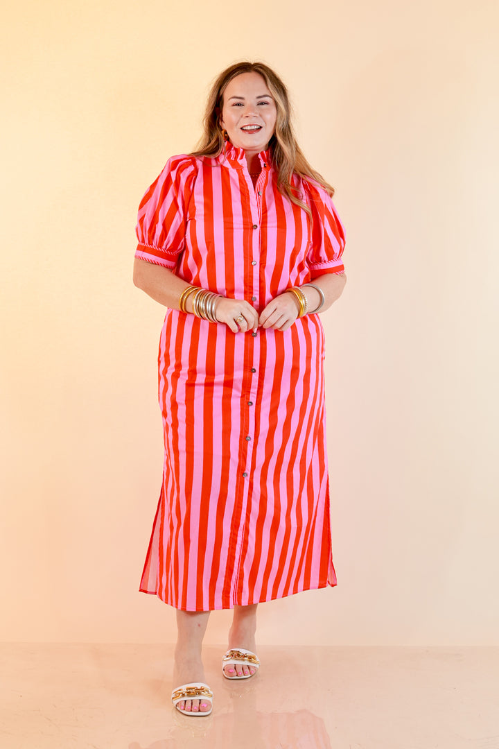 Strut and Shine Stripe Midi Dress with Button Front Detail and Puff Sleeves in Pink and Red