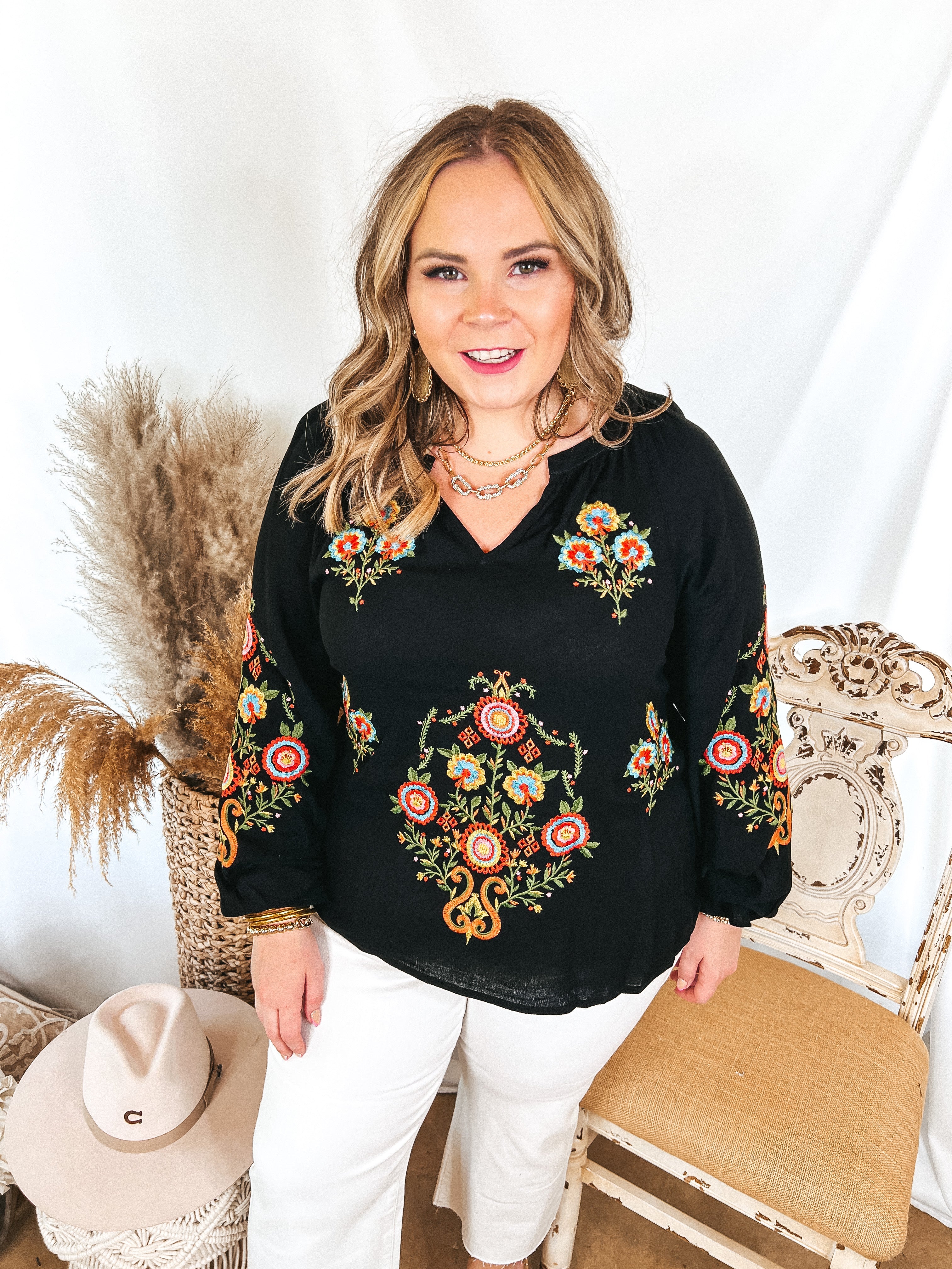 Dreamy Destination Floral Embroidered Long Sleeve Top in Black - Giddy Up Glamour Boutique