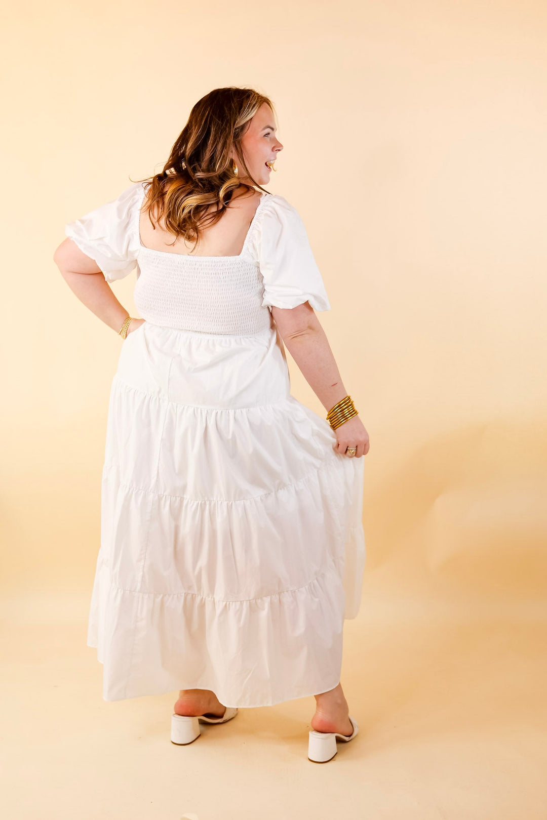 Santorini Sunshine Short Balloon Sleeve Maxi Dress in White - Giddy Up Glamour Boutique