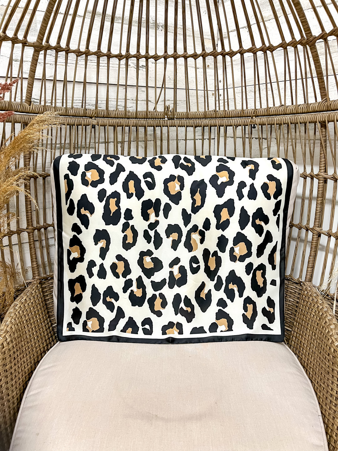 Wild Chic Black and Ivory Large Leopard Print Silk Feel Square Scarf in Leopard