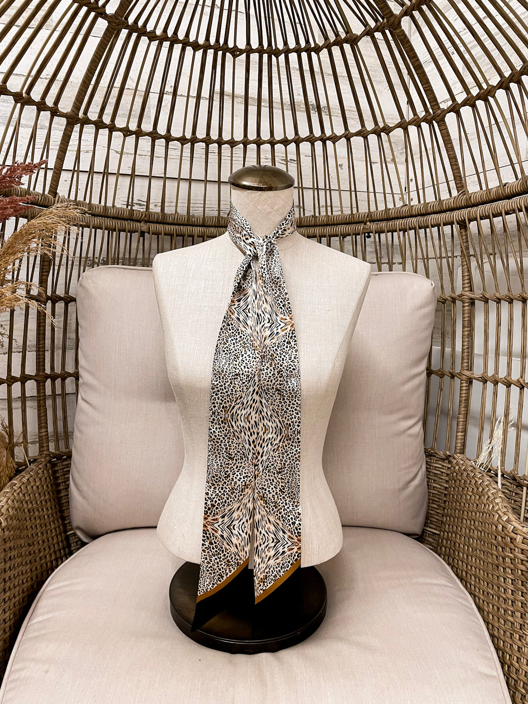 Wyoming Traders | Leopard Print Charmeuse Silk Twilly Scarf in Tan