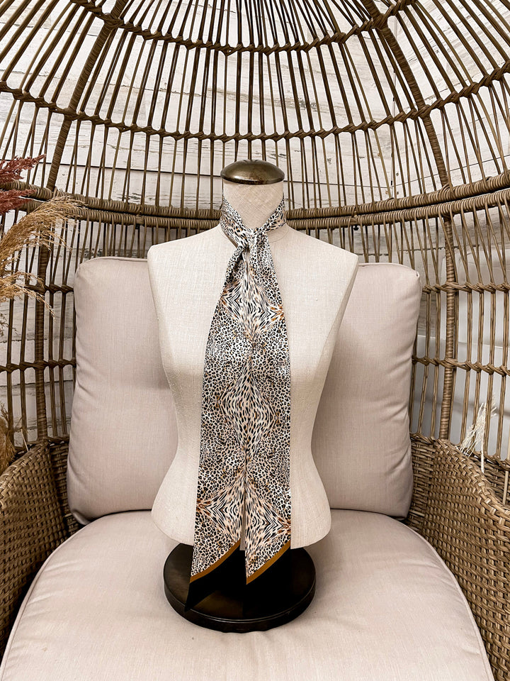 Wyoming Traders | Leopard Print Charmeuse Silk Twilly Scarf in Tan