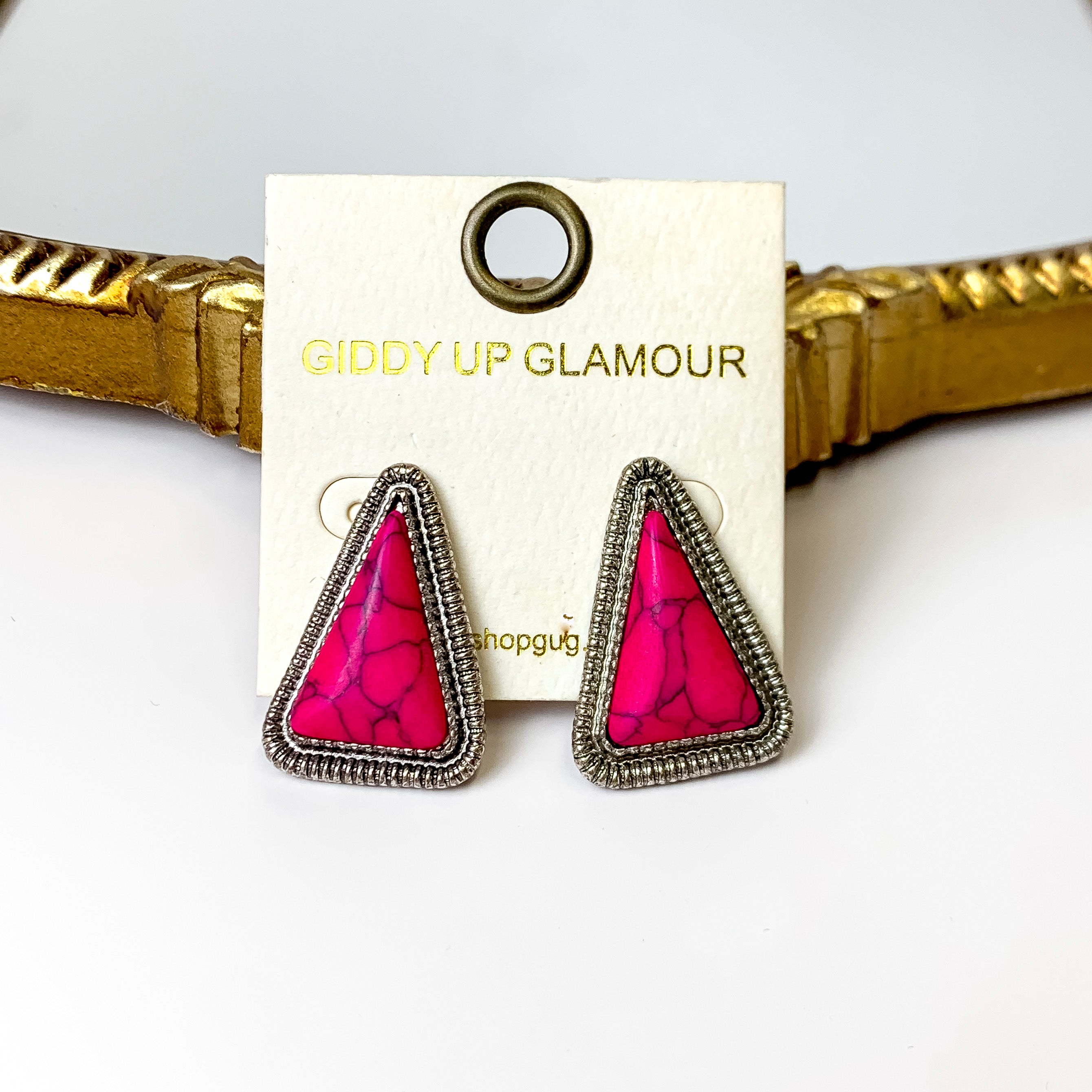 Western Silver Tone Faux Triangle Stone Earrings in Fuchsia Pink - Giddy Up Glamour Boutique