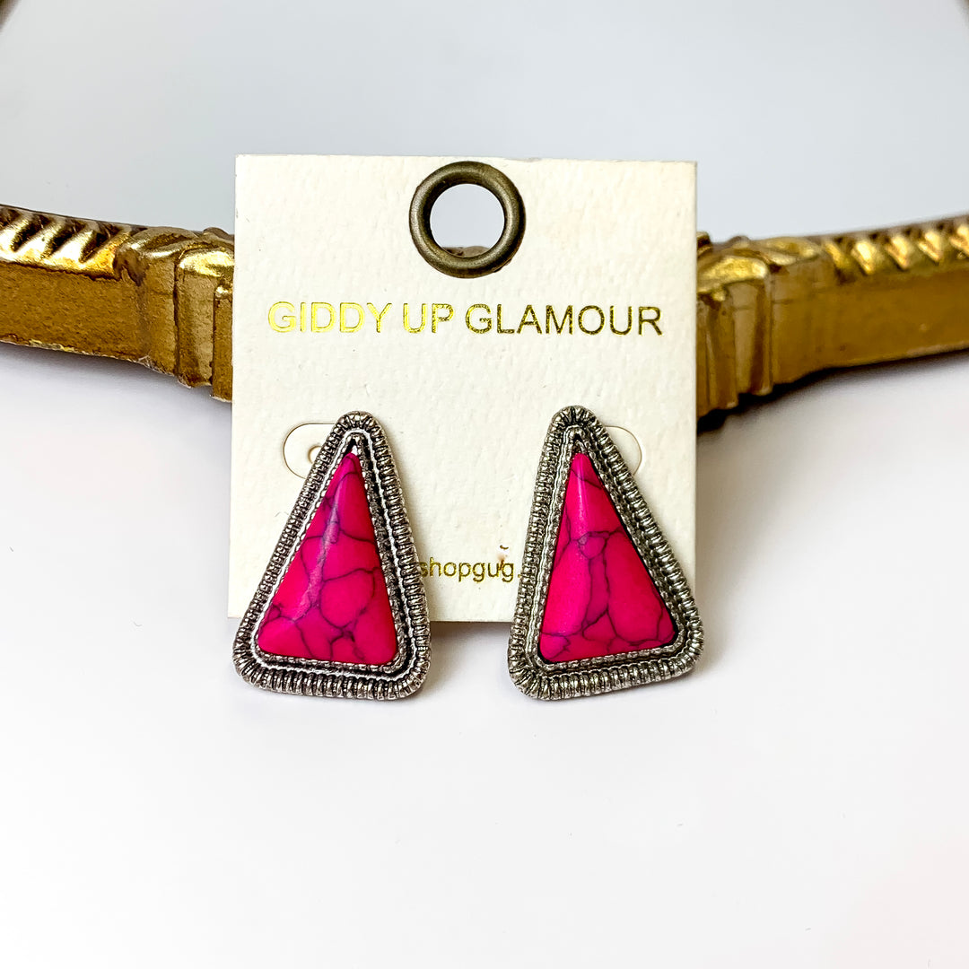 Western Silver Tone Faux Triangle Stone Earrings in Fuchsia Pink - Giddy Up Glamour Boutique