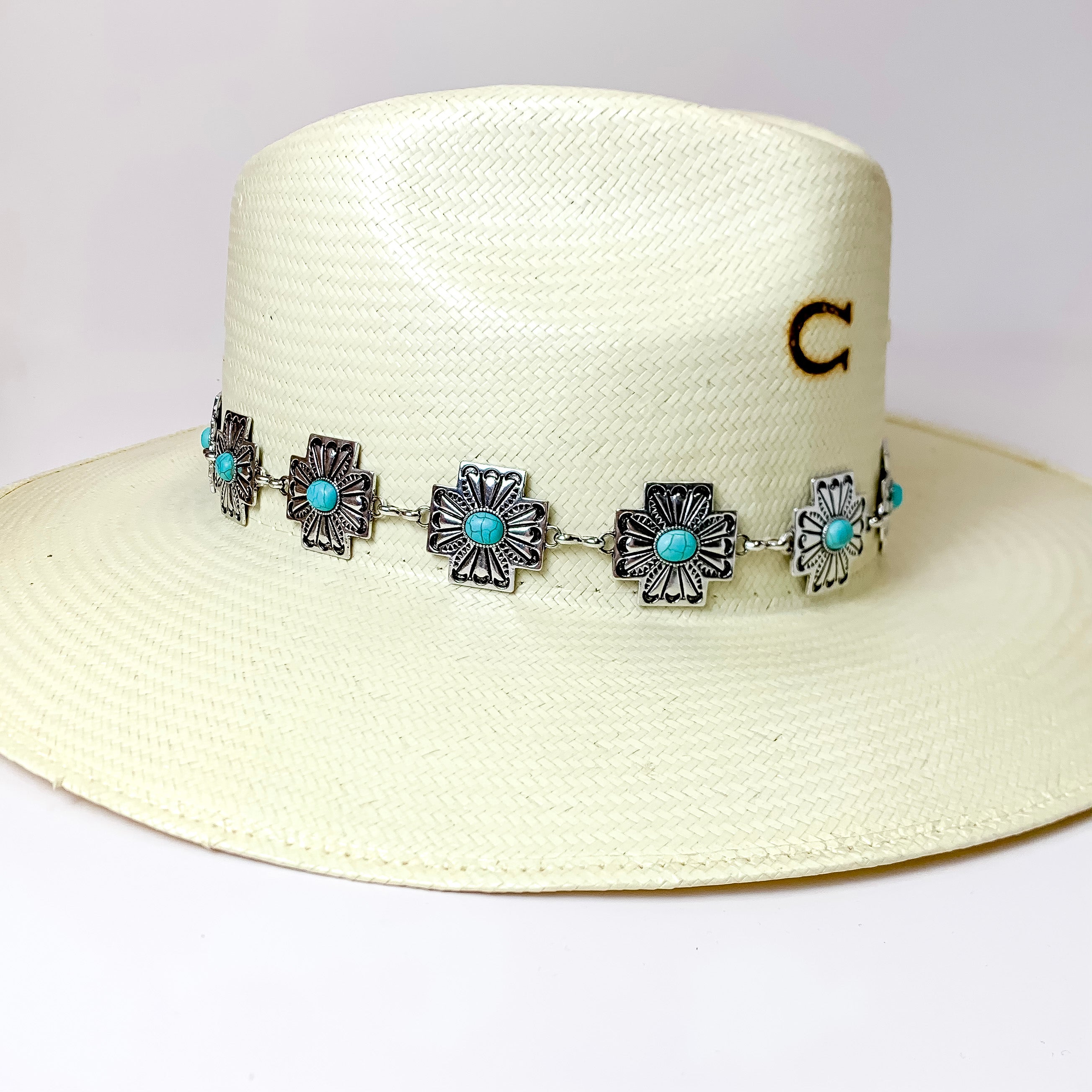 Silver Tone Cross Design Hat Band with Faux Turquoise Accents - Giddy Up Glamour Boutique