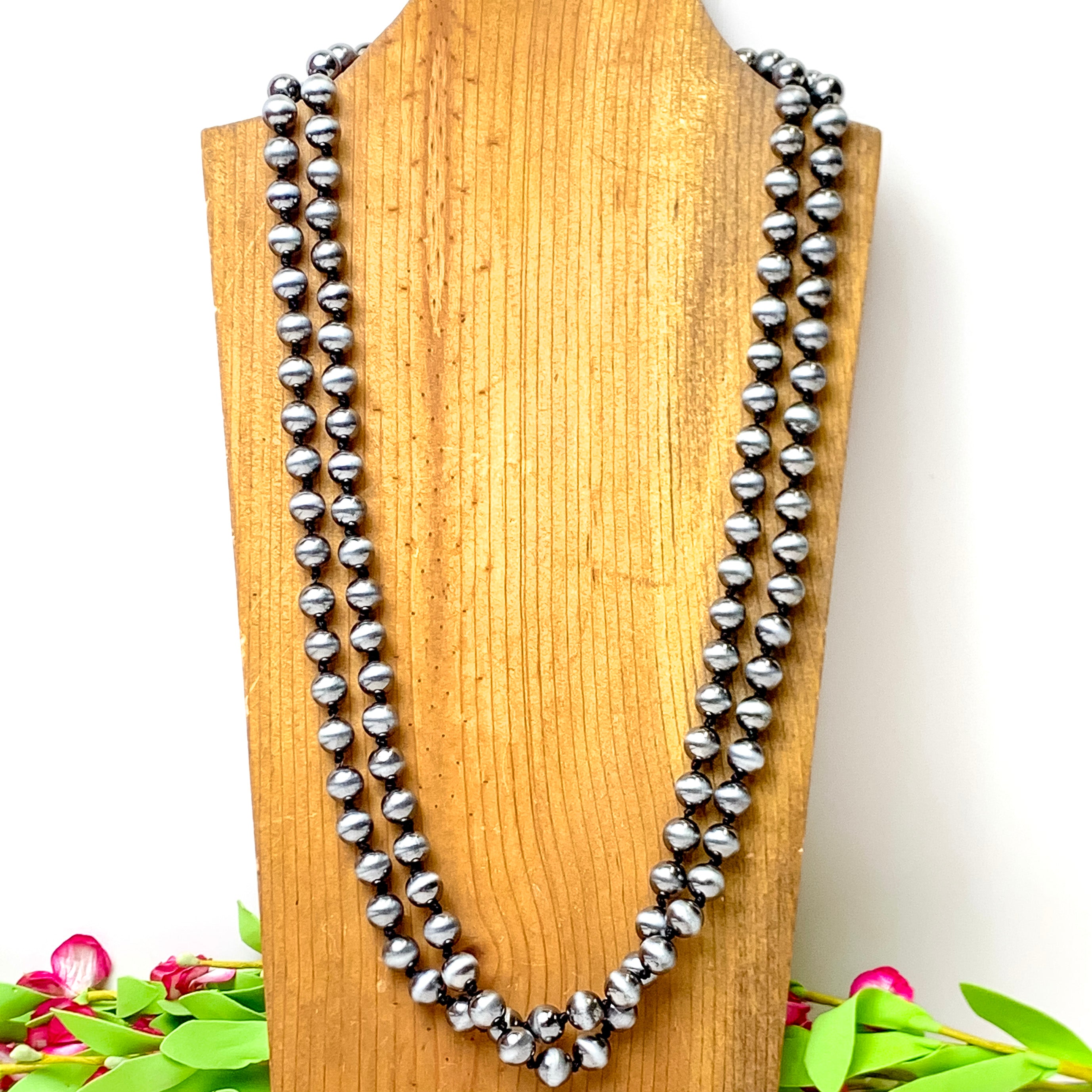 Large Navajo Pearl Inspired  Layering Necklace in Silver Tone - Giddy Up Glamour Boutique