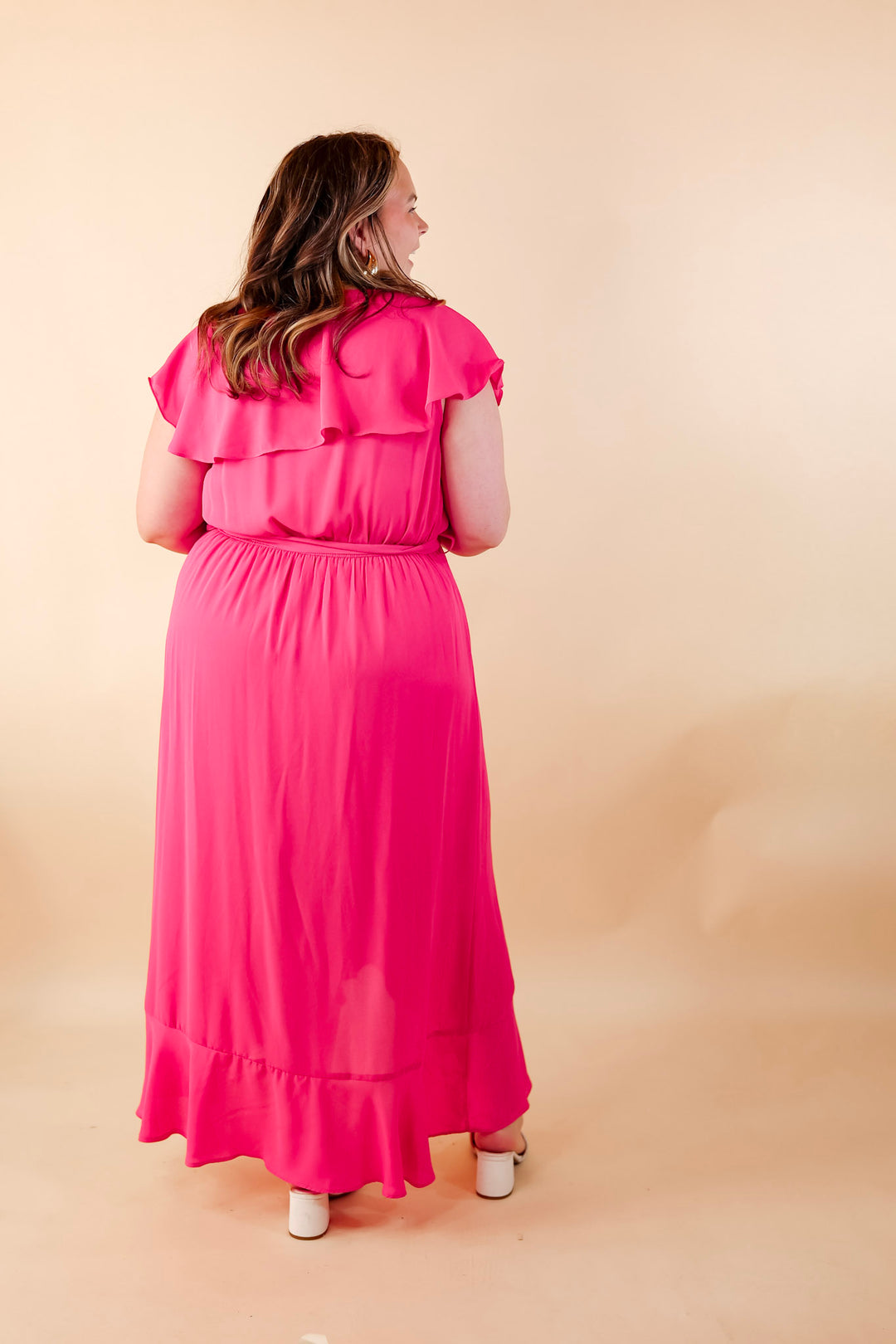 Tranquil Touch Ruffle Midi Dress with Waist Tie in Pink - Giddy Up Glamour Boutique