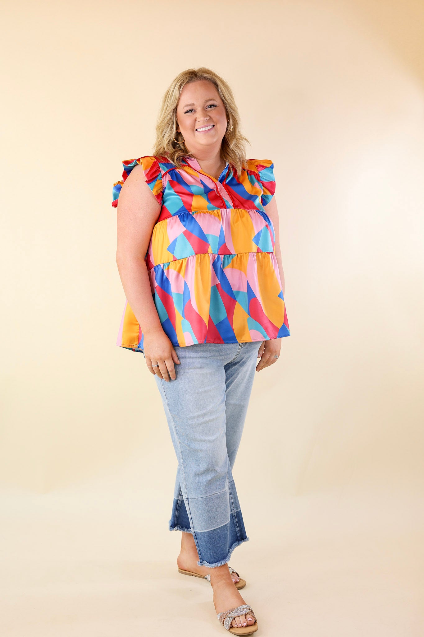 I Can't Wait V Neck with Ruffled Sleeves Top in Multicolor - Giddy Up Glamour Boutique