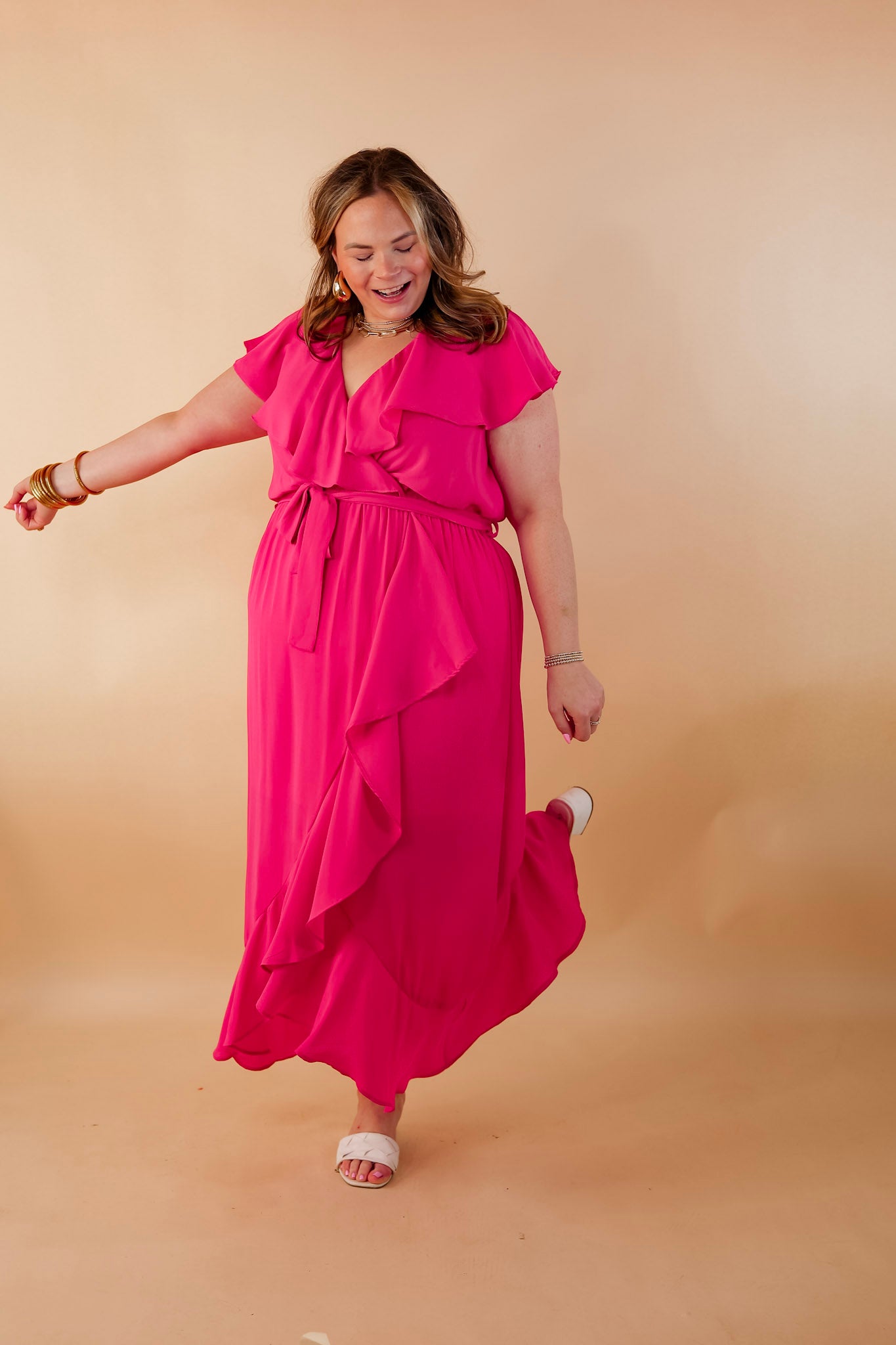 Tranquil Touch Ruffle Midi Dress with Waist Tie in Pink - Giddy Up Glamour Boutique