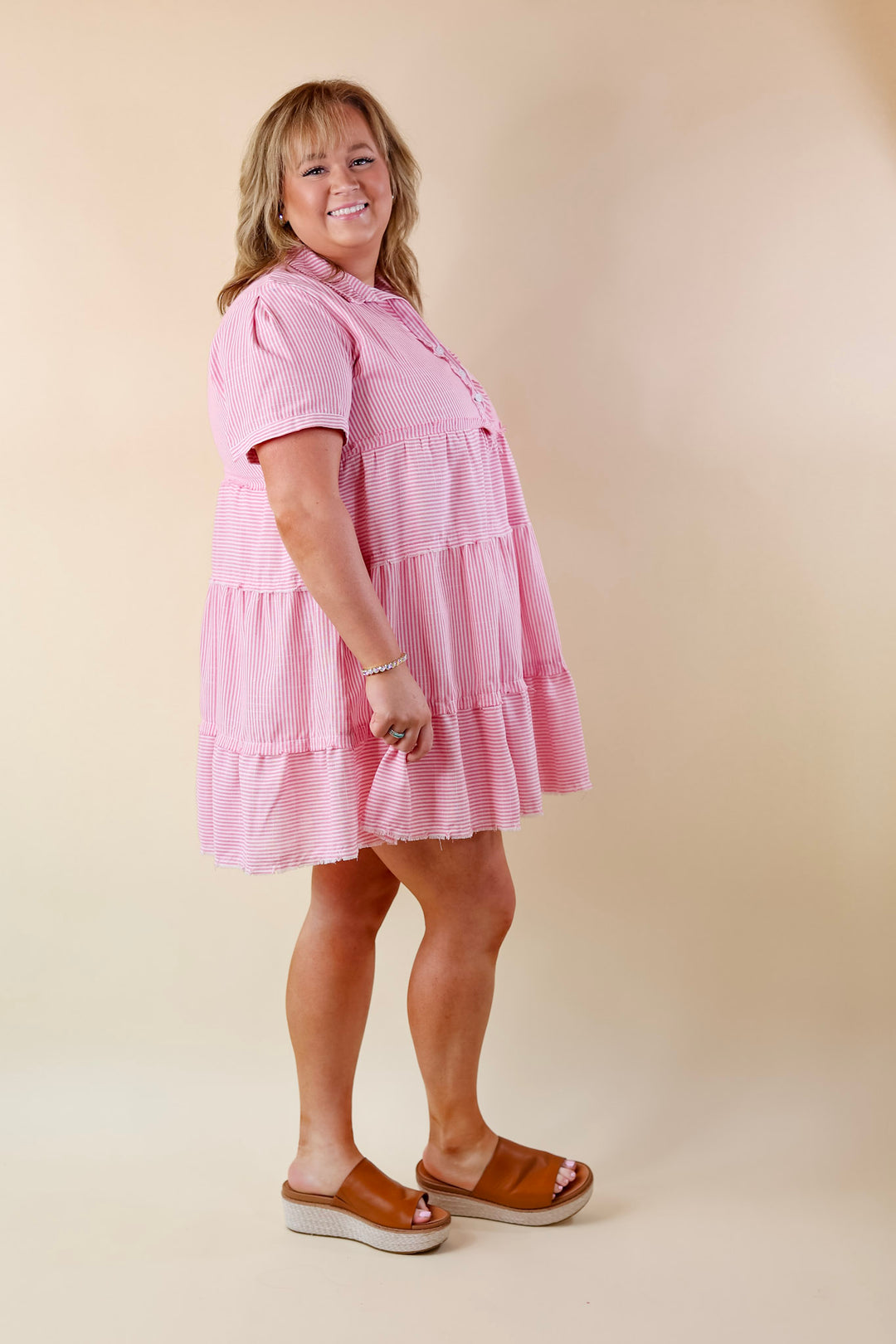Casual Greetings Collared Pinstripe Dress in Pink and White