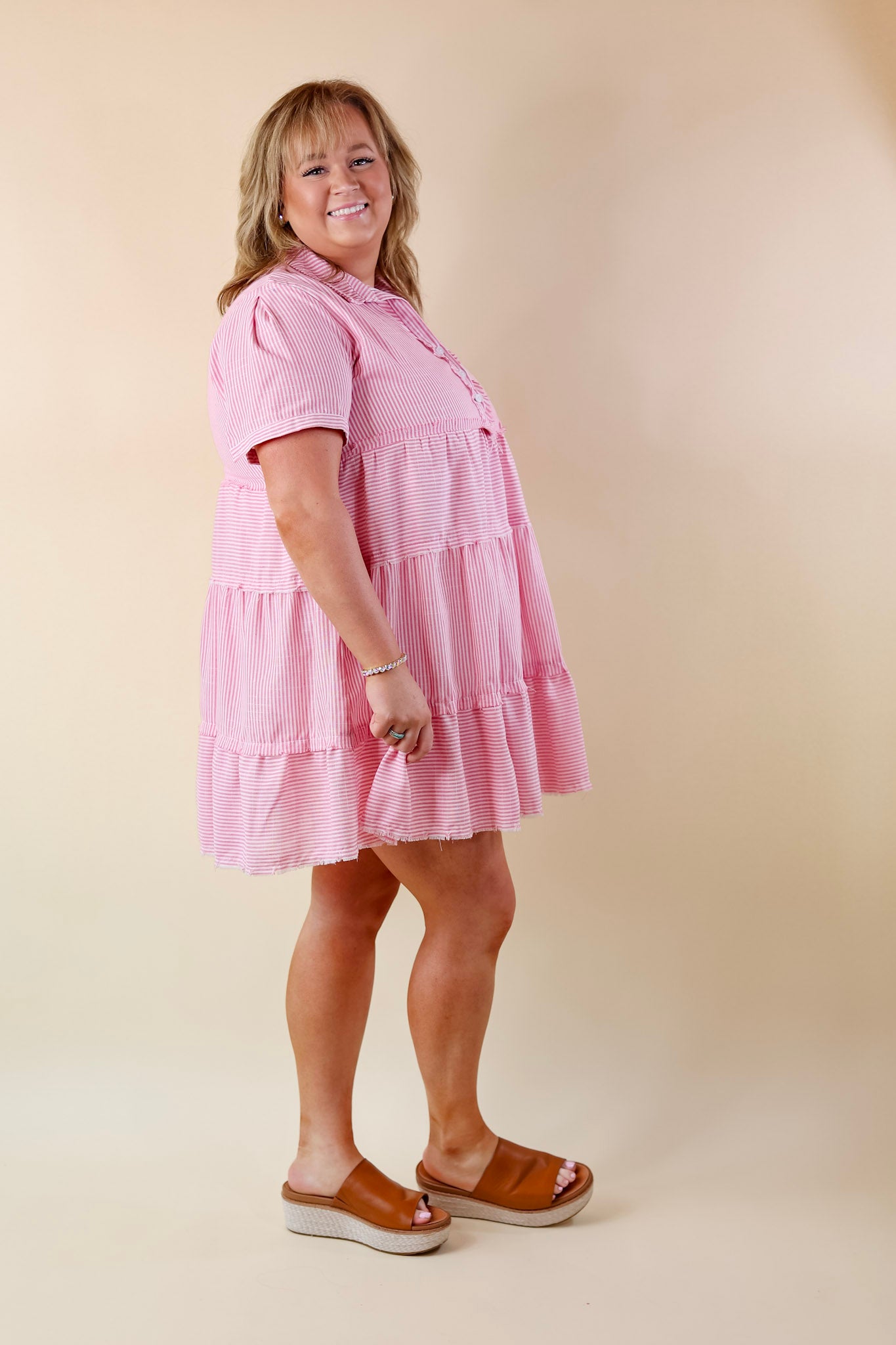 Casual Greetings Collared Pinstripe Dress in Pink and White