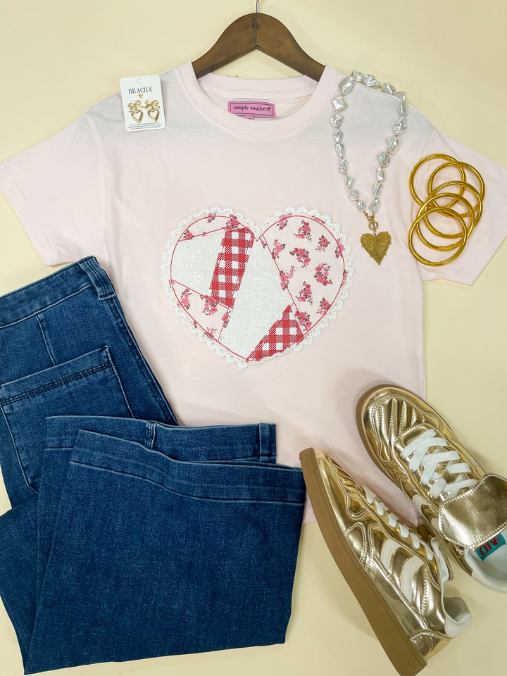 Simply Southern | Sweetly Yours Patchwork Heart with Lace Trim Short Sleeve T-Shirt in Pink